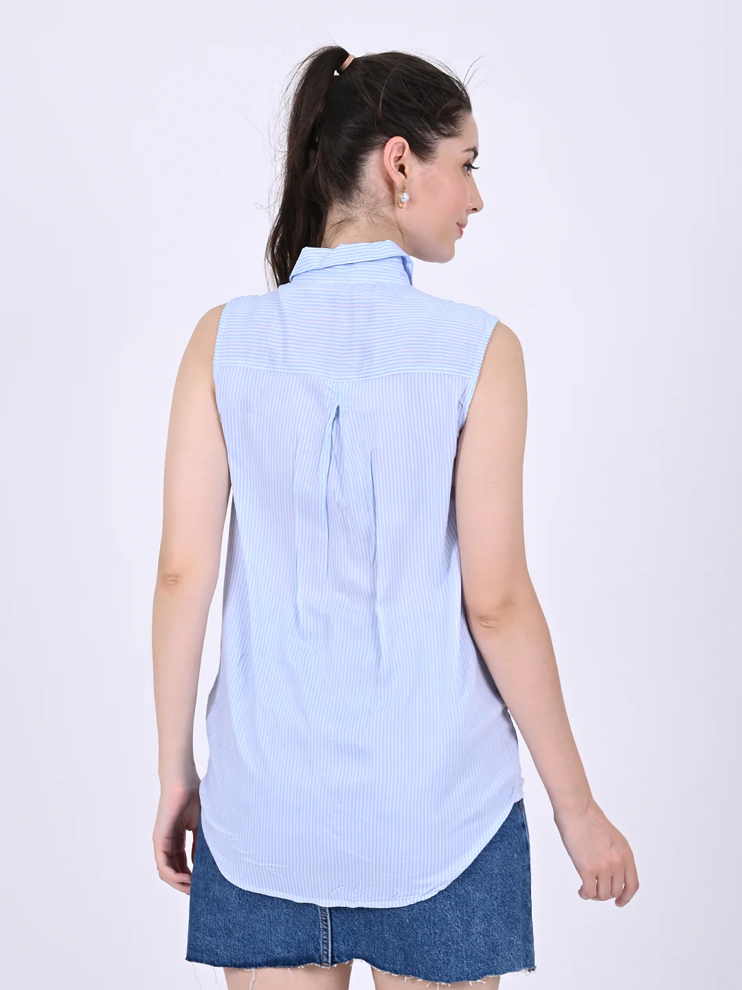 Women Blue & White Striped Tank - Image 4