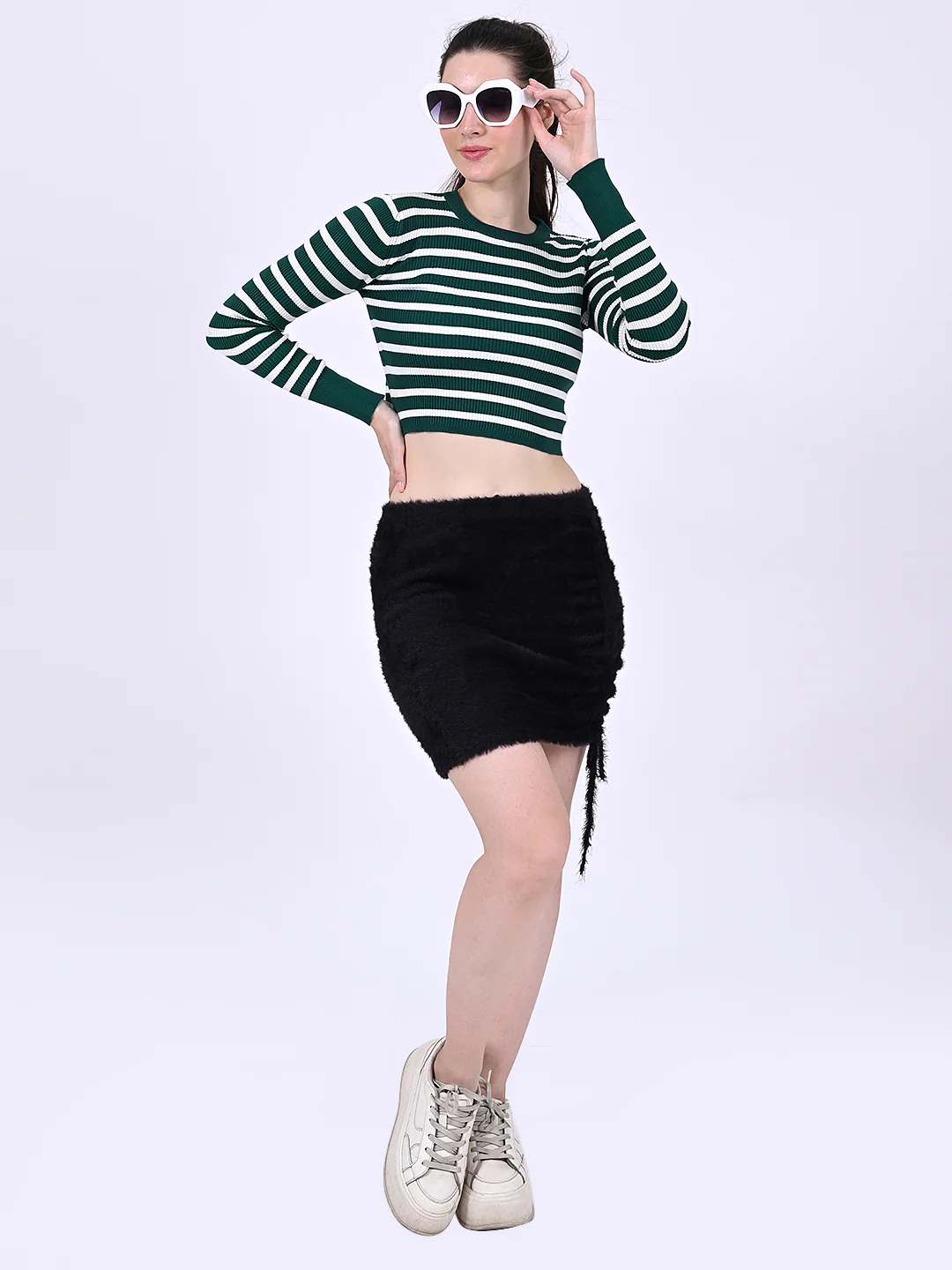 Women Green Striped Crop Top - Image 6