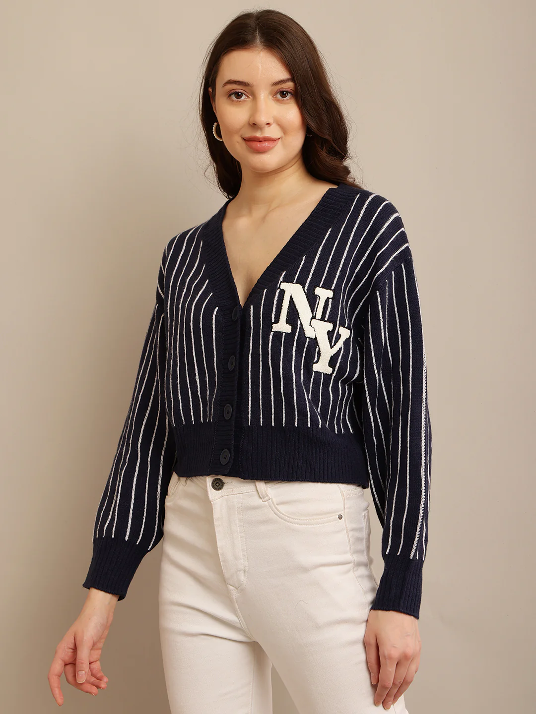 Women Dark Blue Striped Cardigan - Image 5