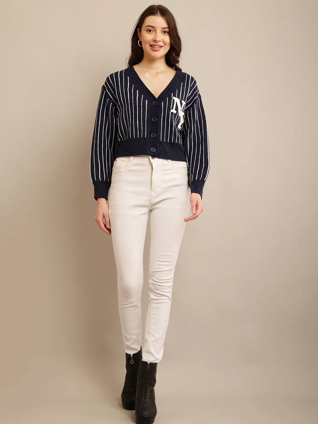 Women Dark Blue Striped Cardigan - Image 9