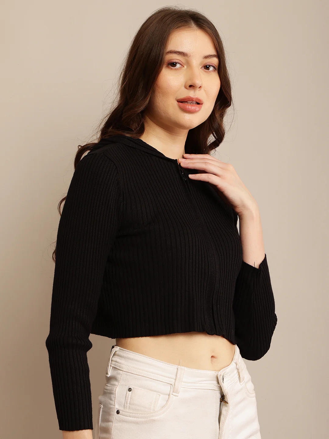 Women Ribbed Cropped Hoodie - Image 8