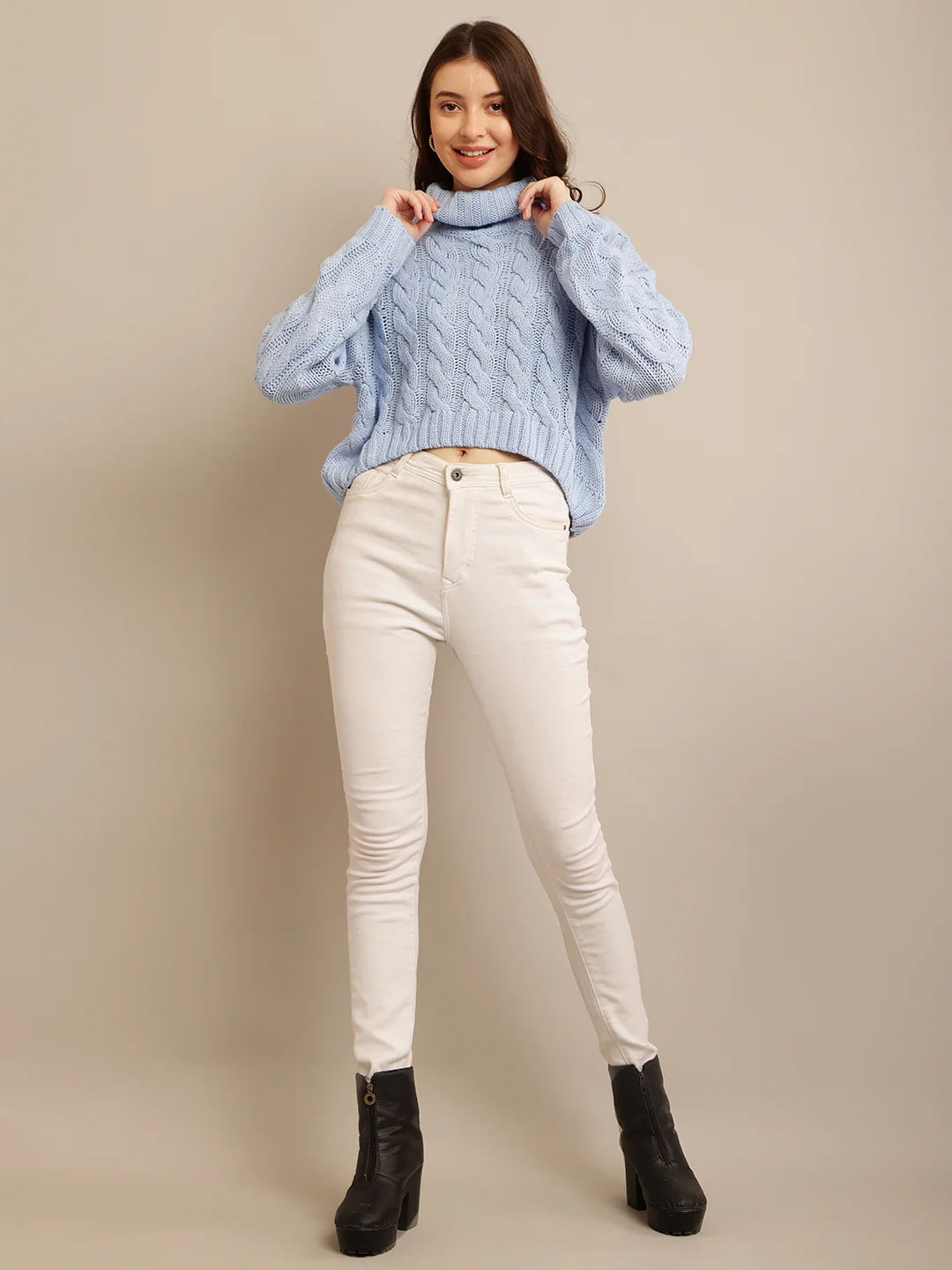Women Blue Cable Knit Sweater - Image 9