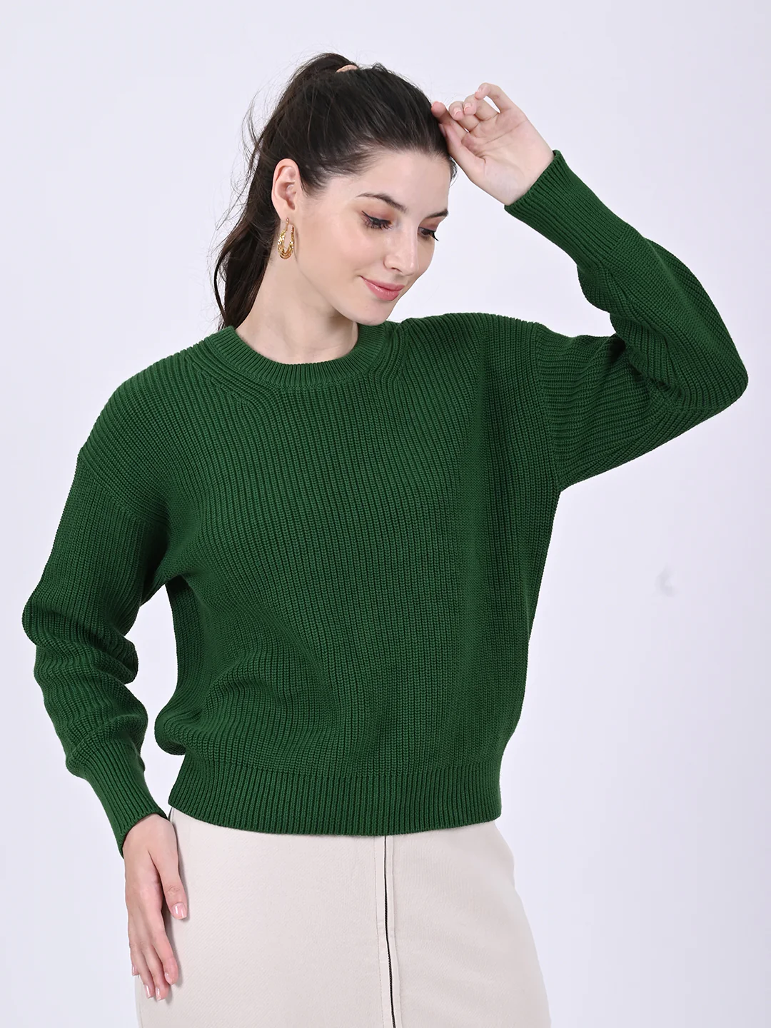 Women Green Round Neck Sweater - Image 3