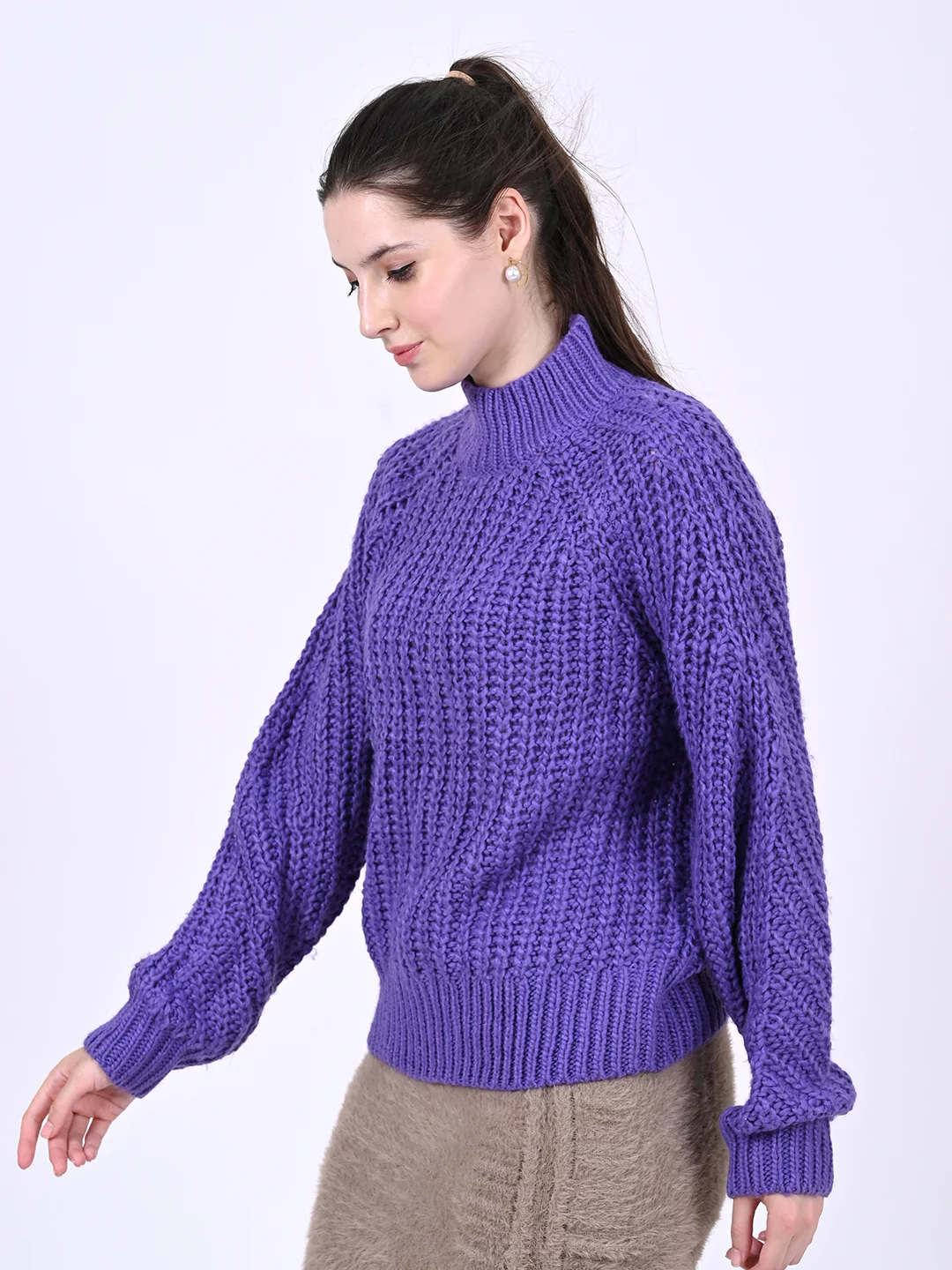 Women Purple Turtleneck Sweater - Image 2