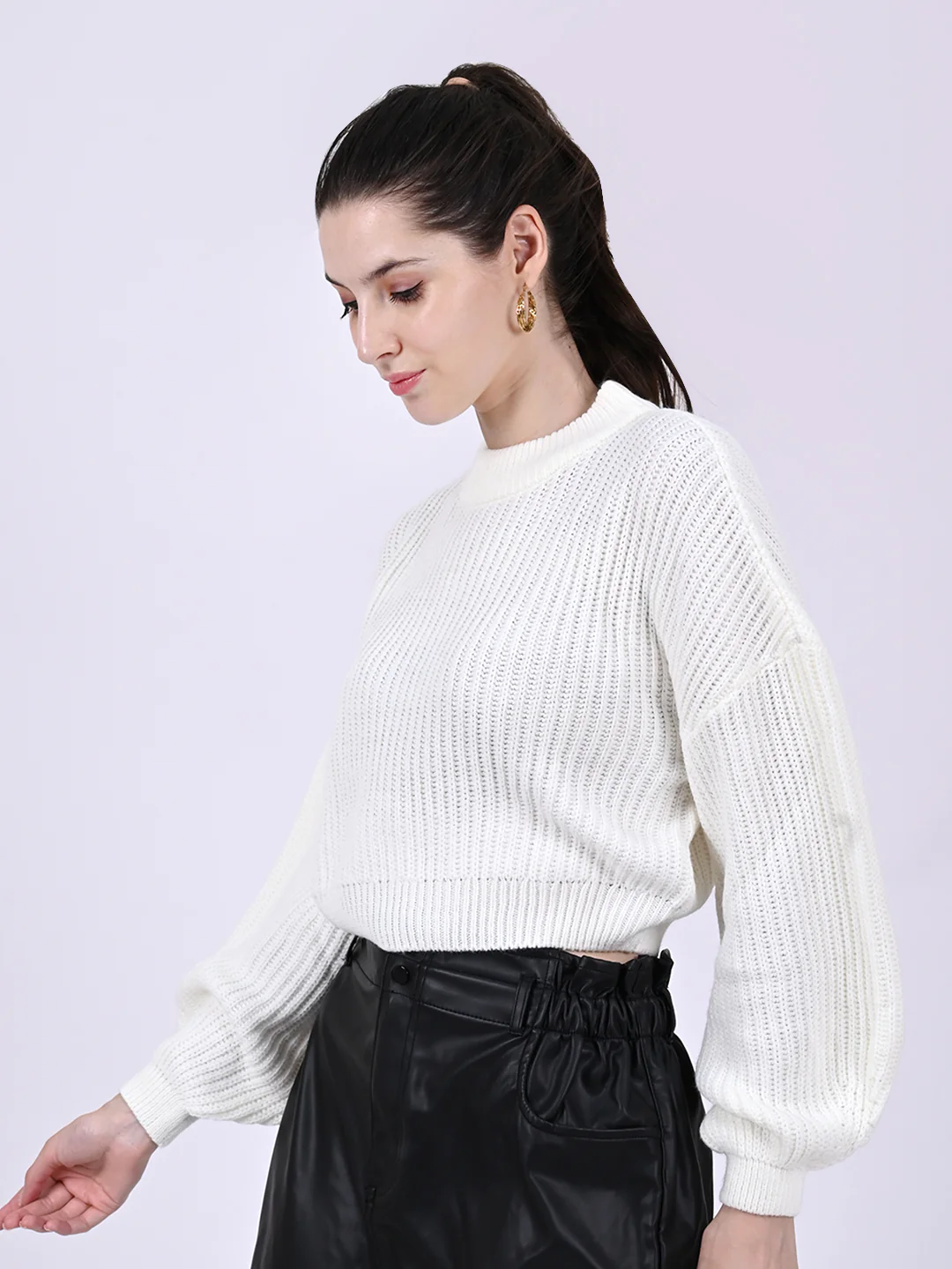 Women White Crew Neck Sweater - Image 2