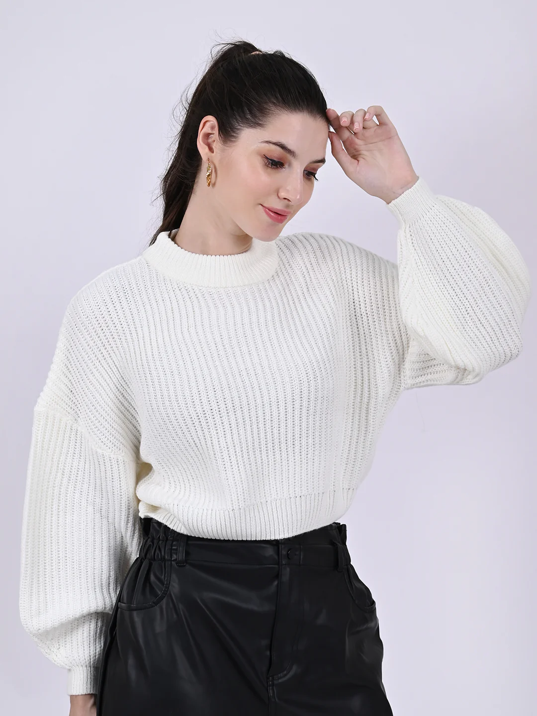 Women White Crew Neck Sweater - Image 3