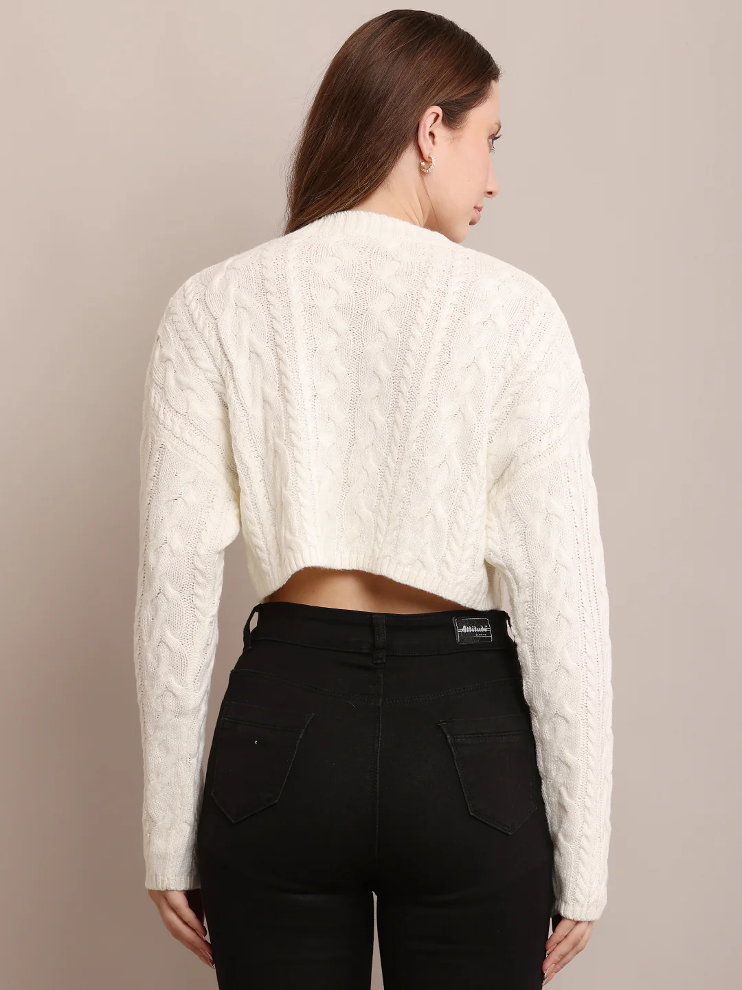 Women Acrylic Cropped Off-White Sweater - Image 4