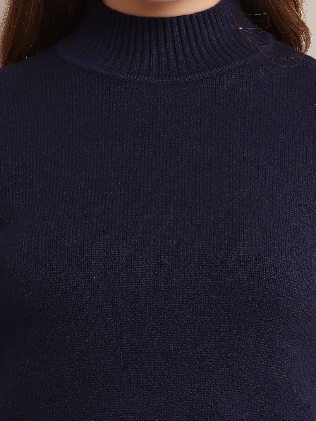 Women Acrylic Ribbed Dark Blue Sweater - Image 5