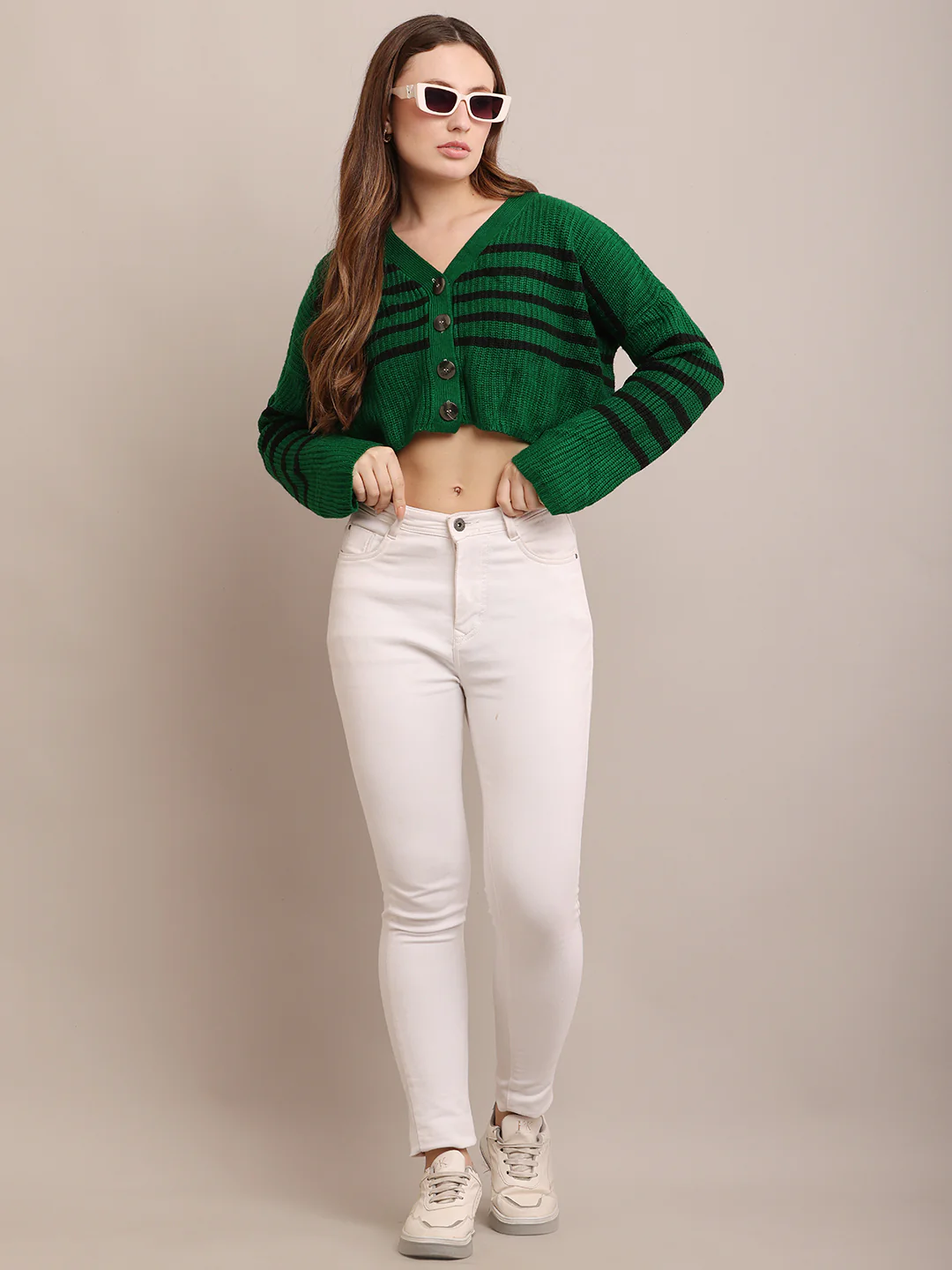 Women Acrylic Full Sleeve Green Cardigan - Image 2