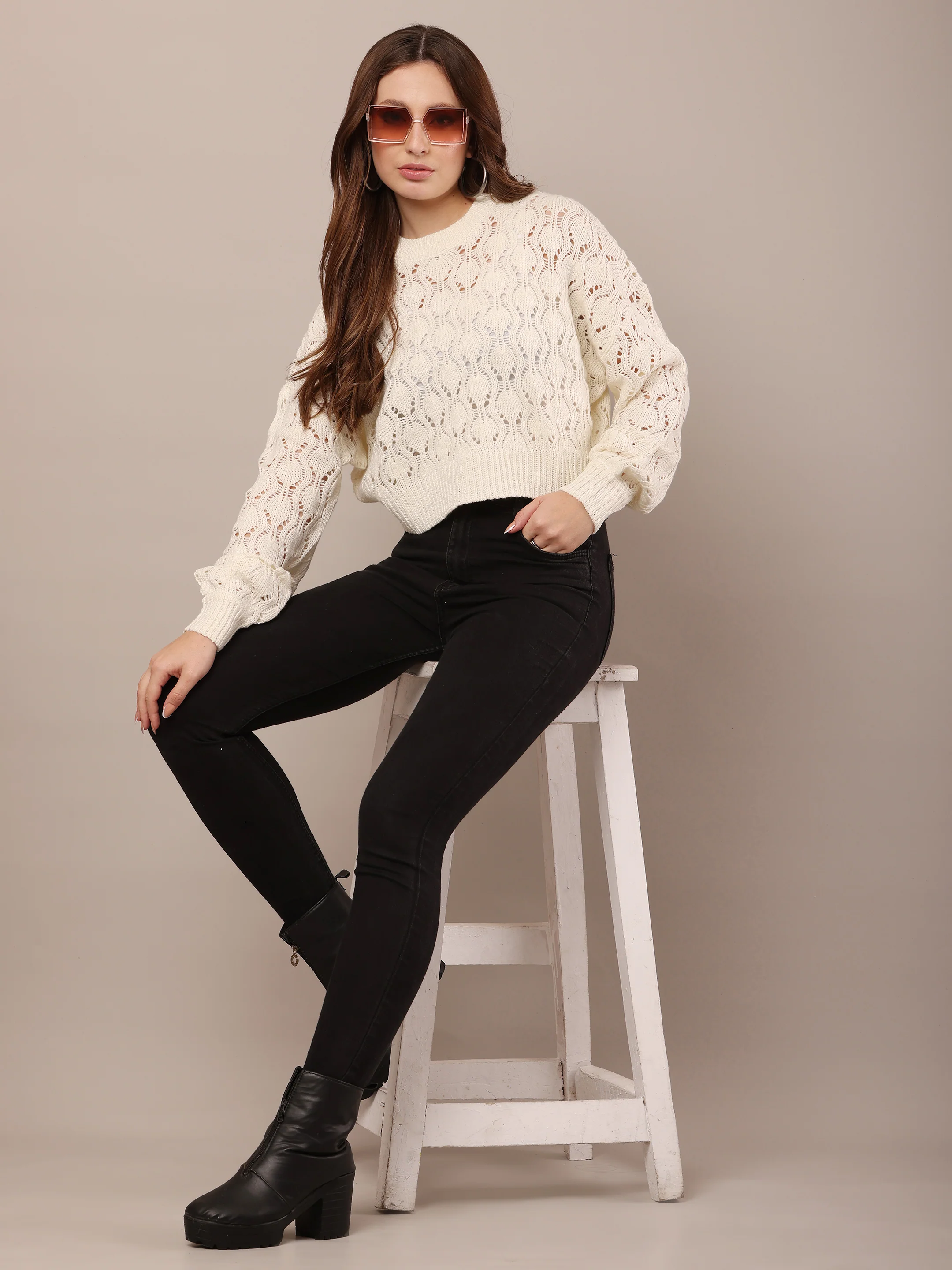 Women Cotton Drop Shoulder White Crochet Sweater - Image 2
