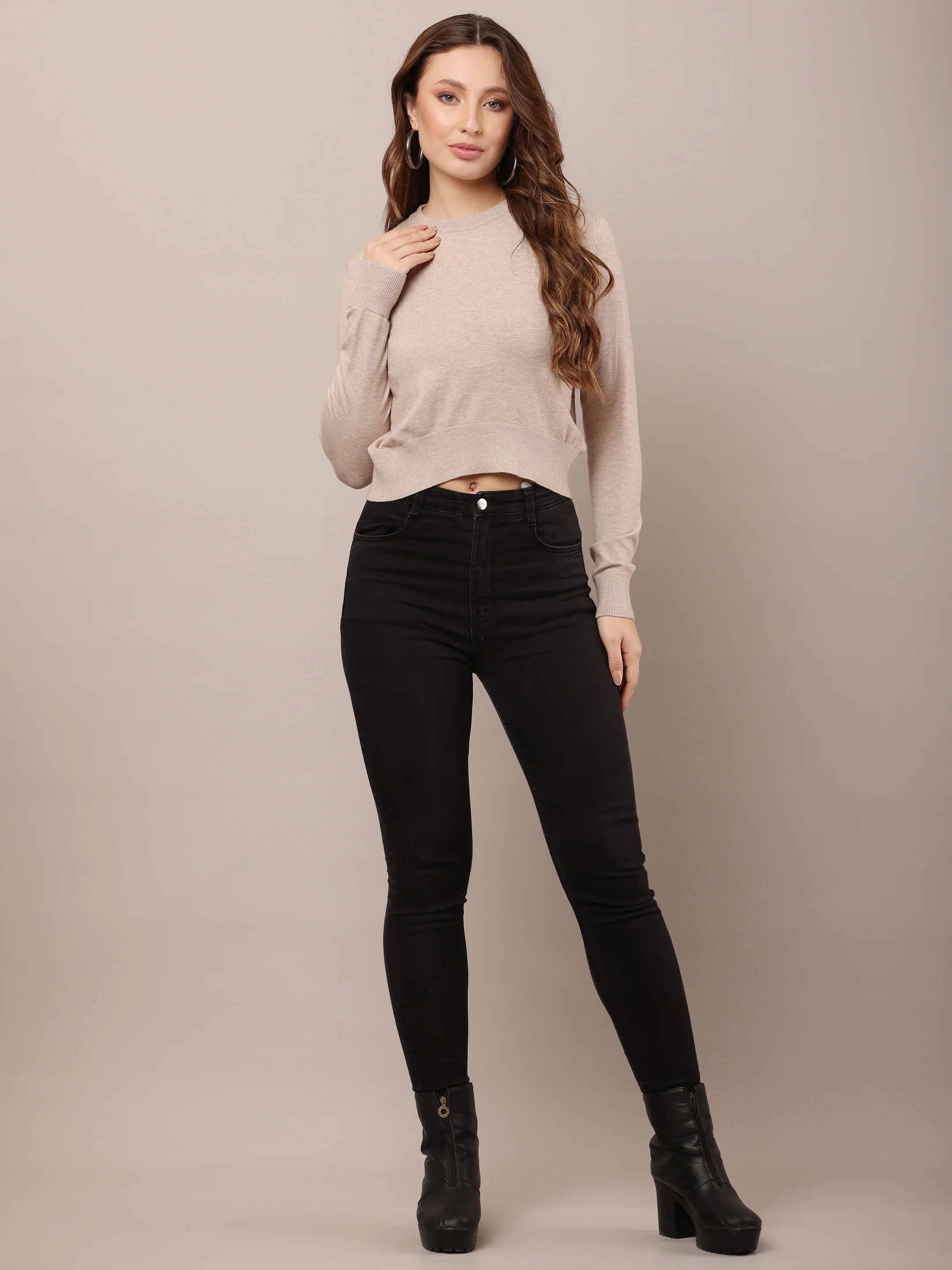 Women Cotton Cropped Beige Sweater - Image 3