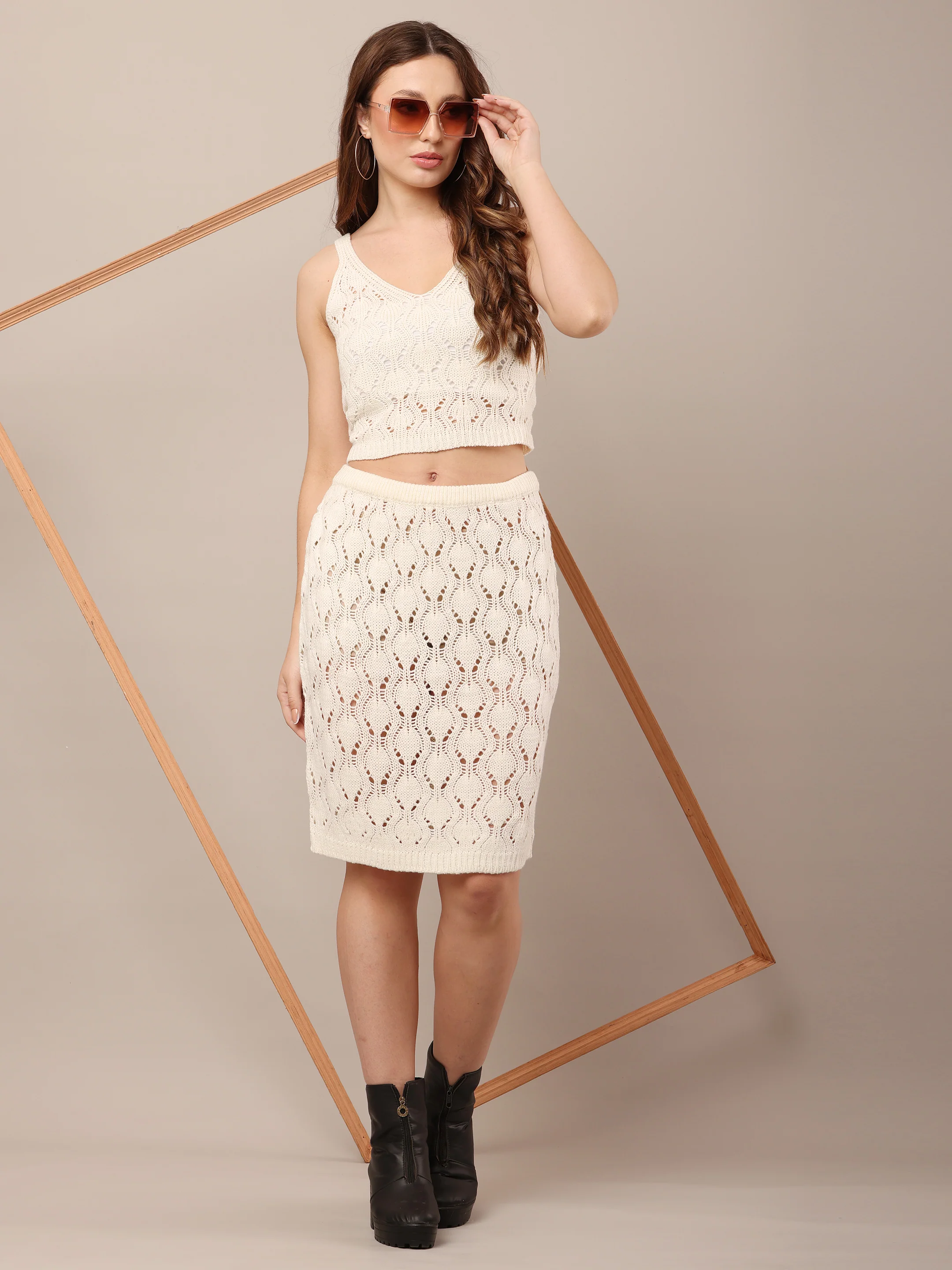 Women Cotton Mini Skirt Crochet White Co-Ord Set - Image 2