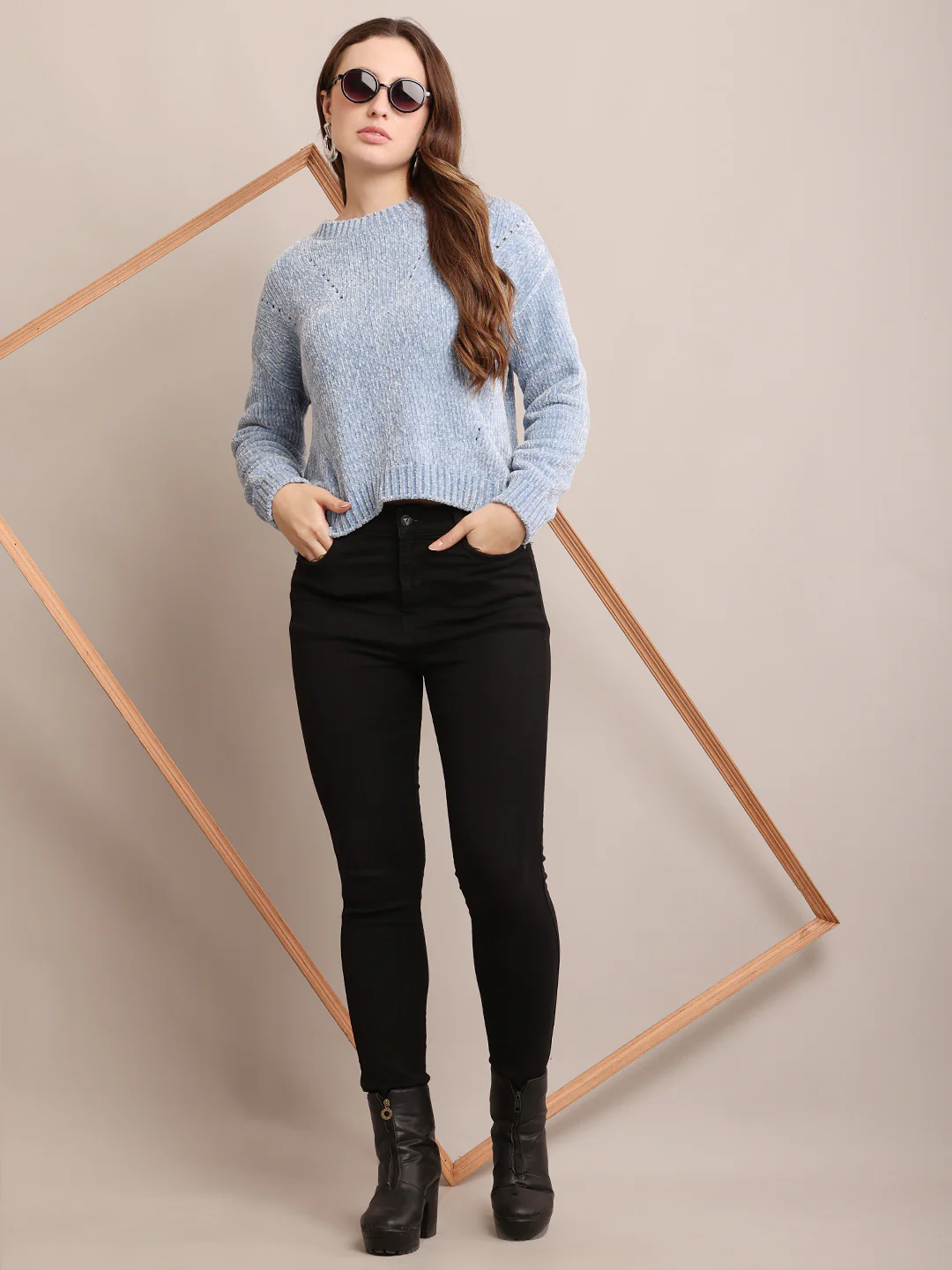 Women Polyester Round Neck Blue Sweater - Image 2