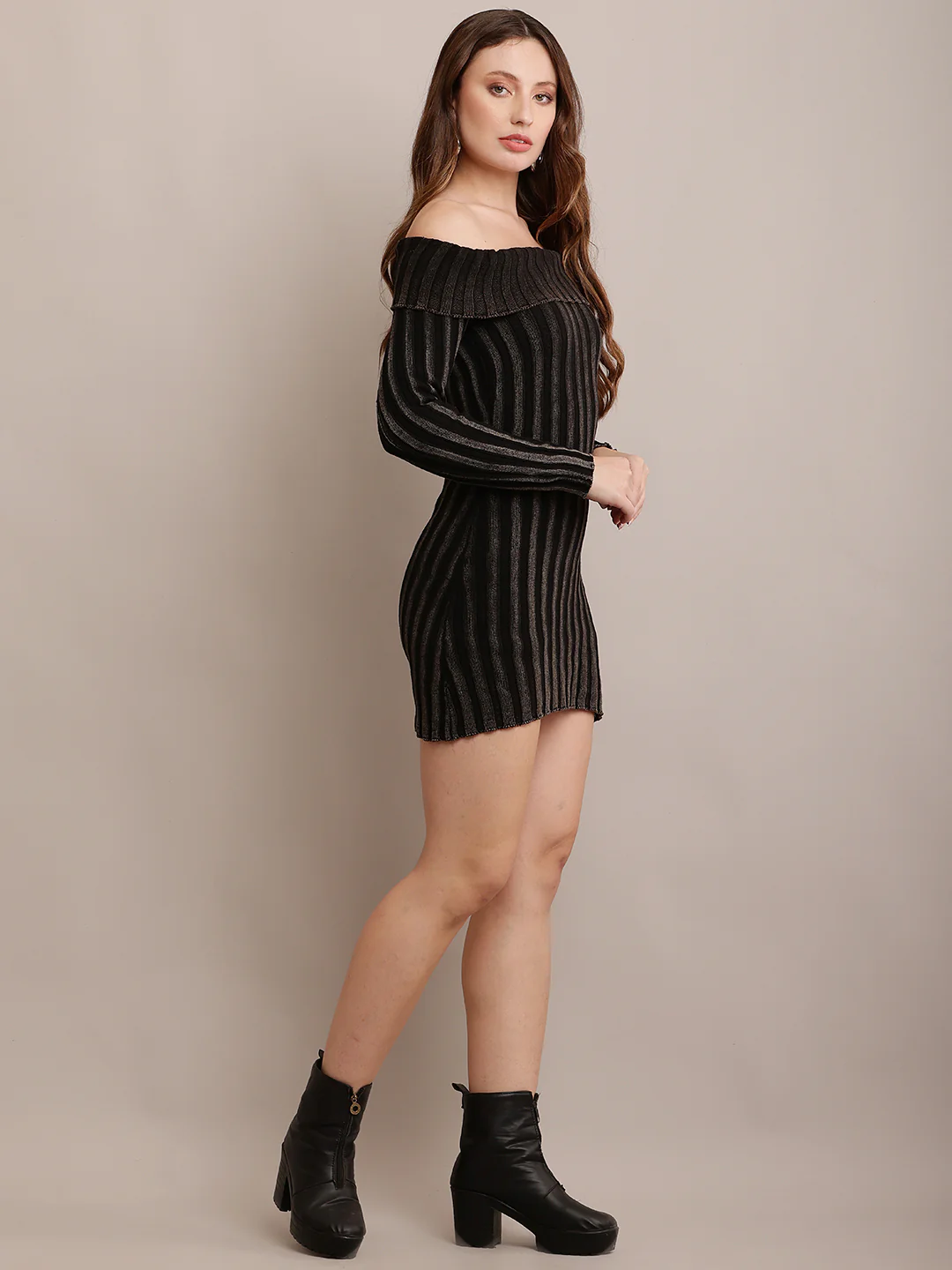 Women Black Off-shoulder Rib-Knit Mini Bodycon Dress - Image 2