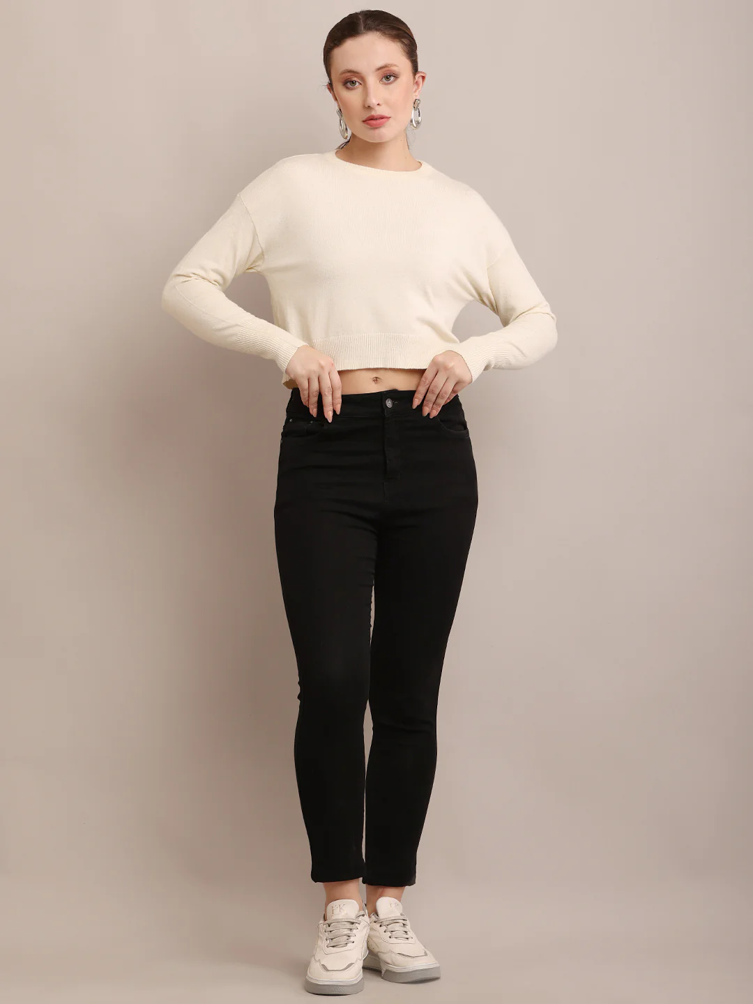 Women Viscose Crop Cream Sweater - Image 3