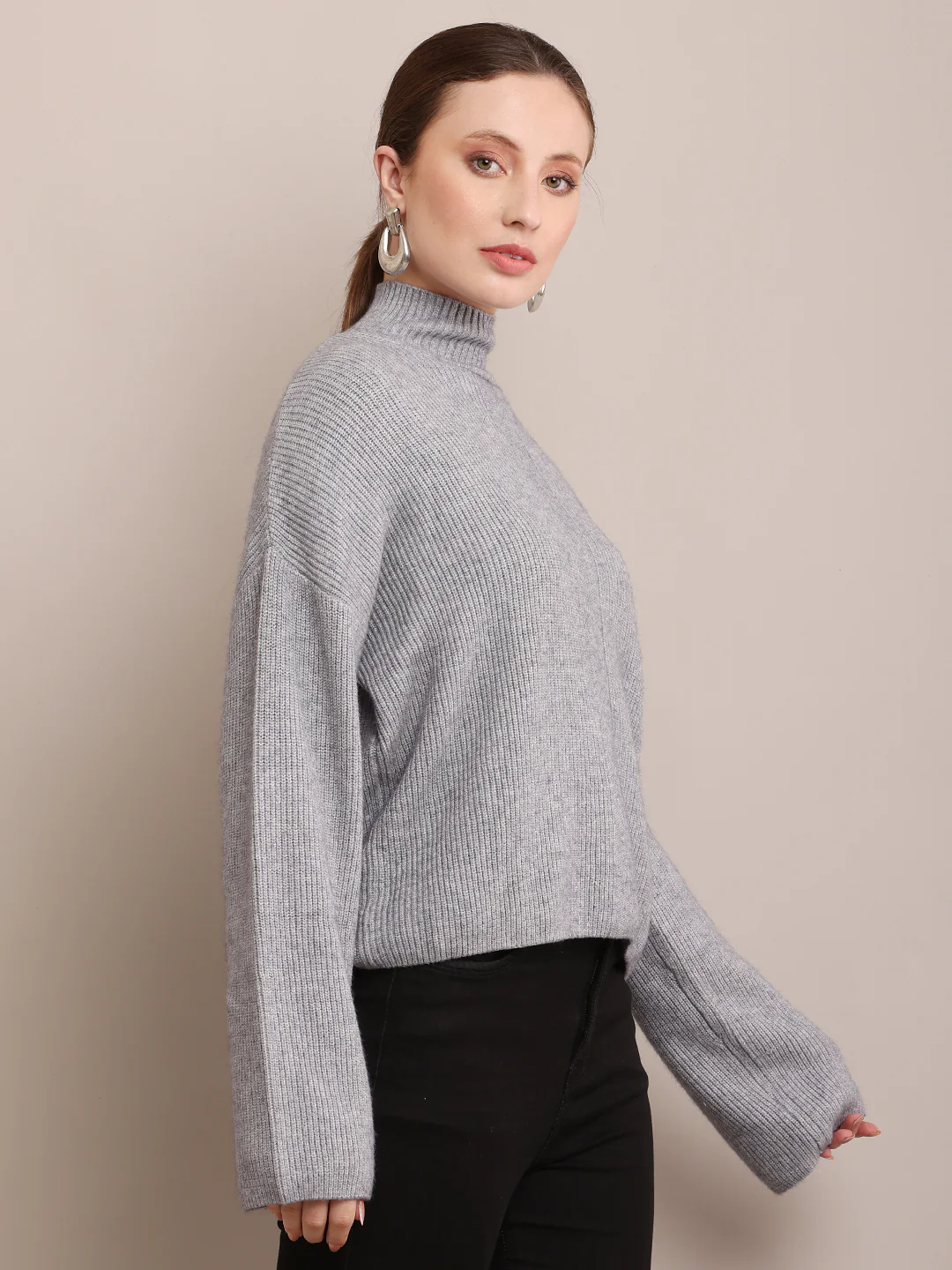 Women Viscose Full Sleeve Ribbed Grey Sweater - Image 2