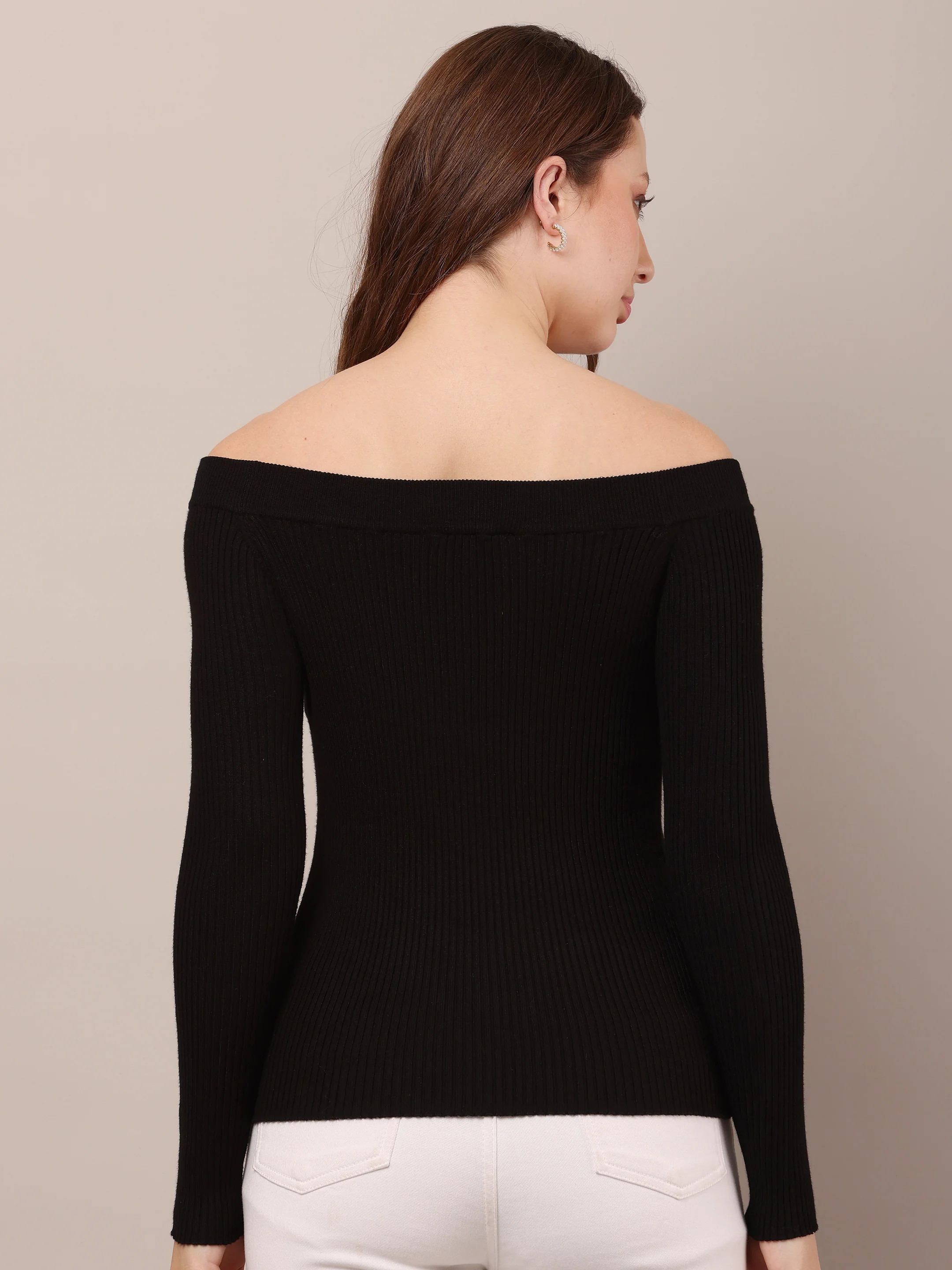 Women Viscose Knitted Off Shoulder Black Top - Image 4