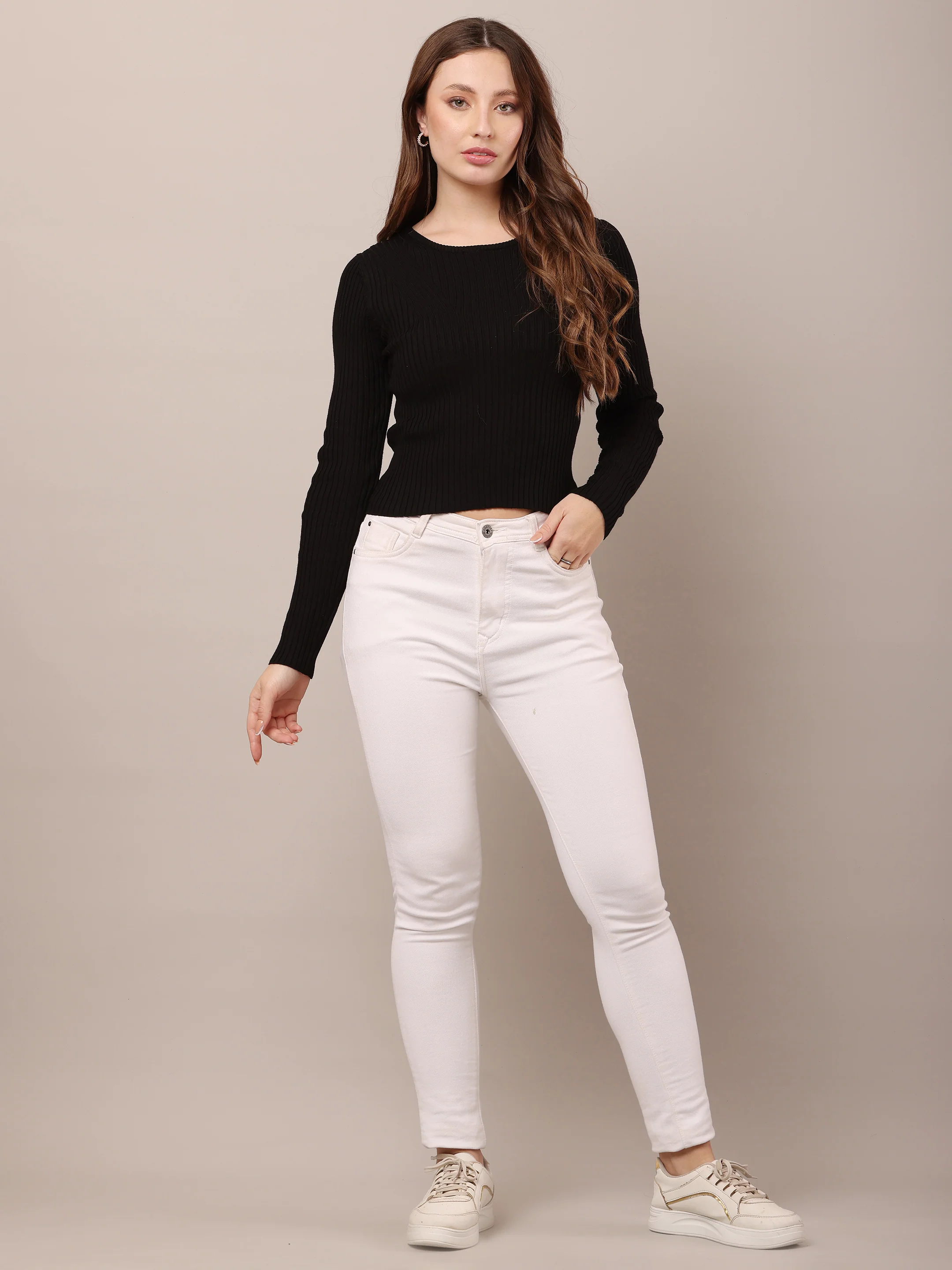 Women Viscose Fitted Ribbed Black Top - Image 3