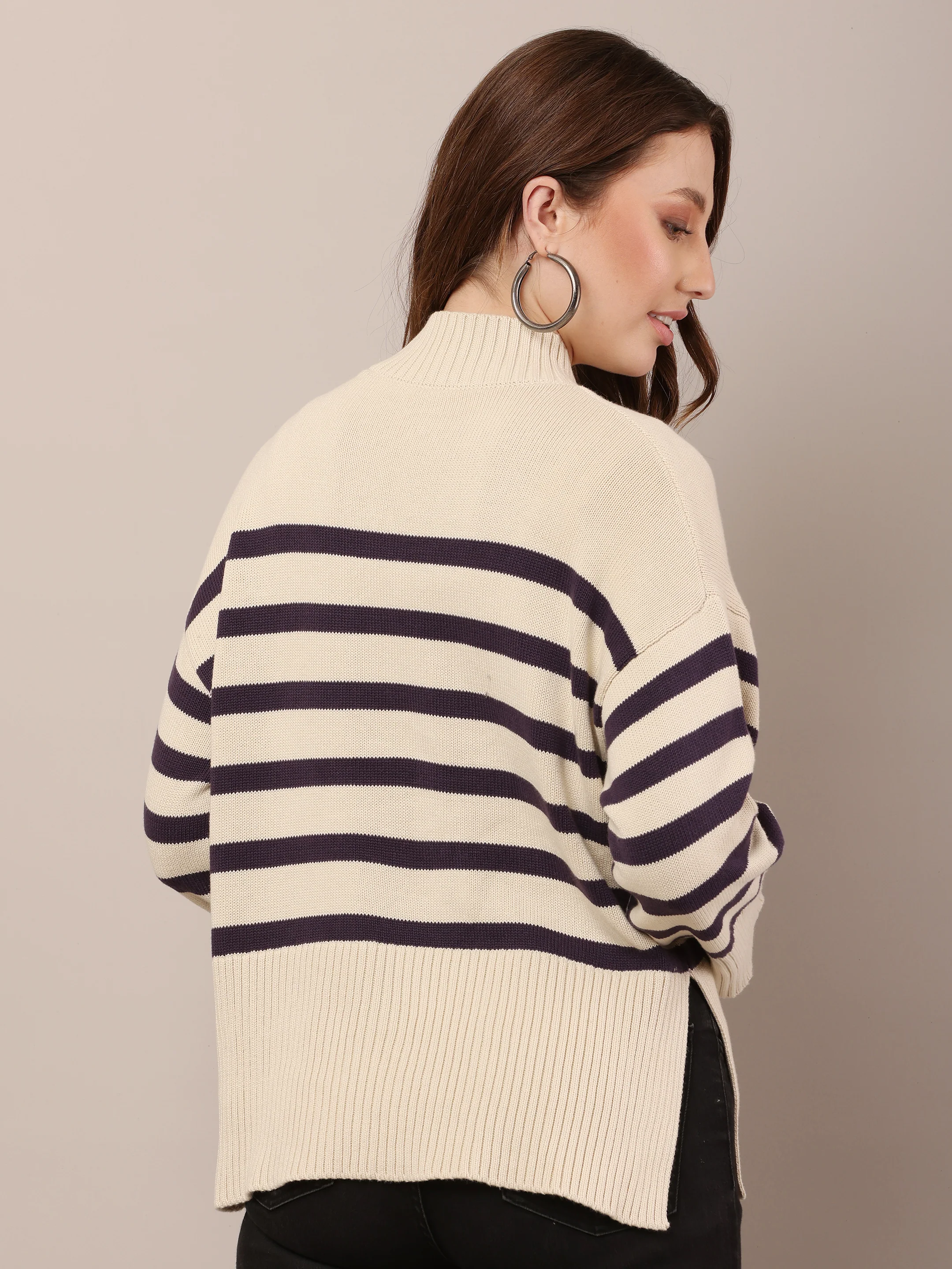 Women Cotto Drop Shoulder Rib Cream Sweater - Image 4