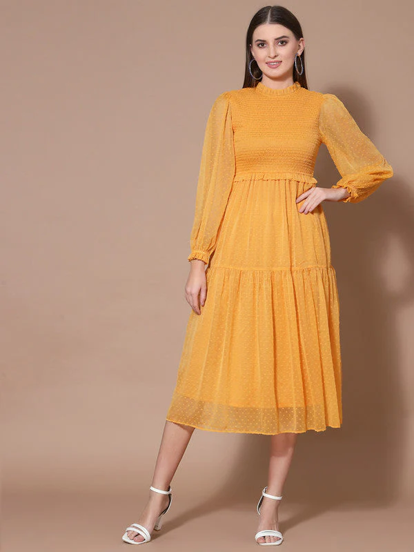 Women High Neck A-Line Midi Dress