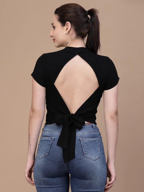 Women High Neck Waist Tie Back Top - Image 2