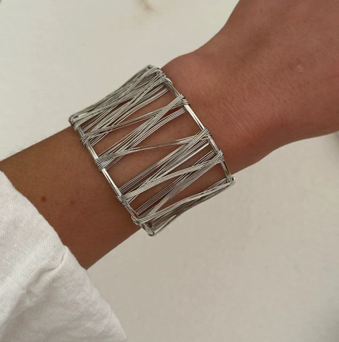 Openwork Silver Cuff Bracelet Crisscross Wire Design