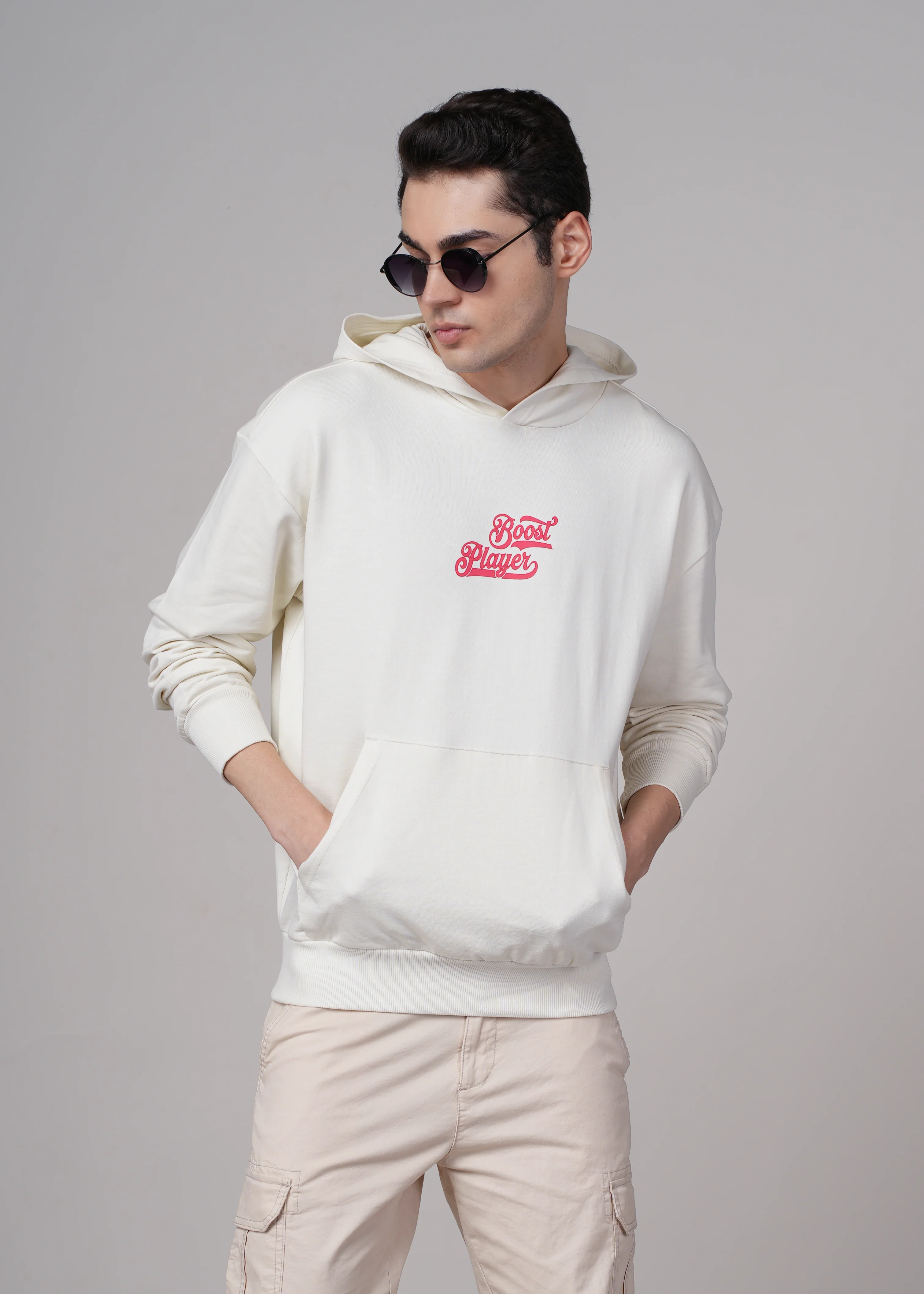 Men Beige Cotton Regular Hoodie