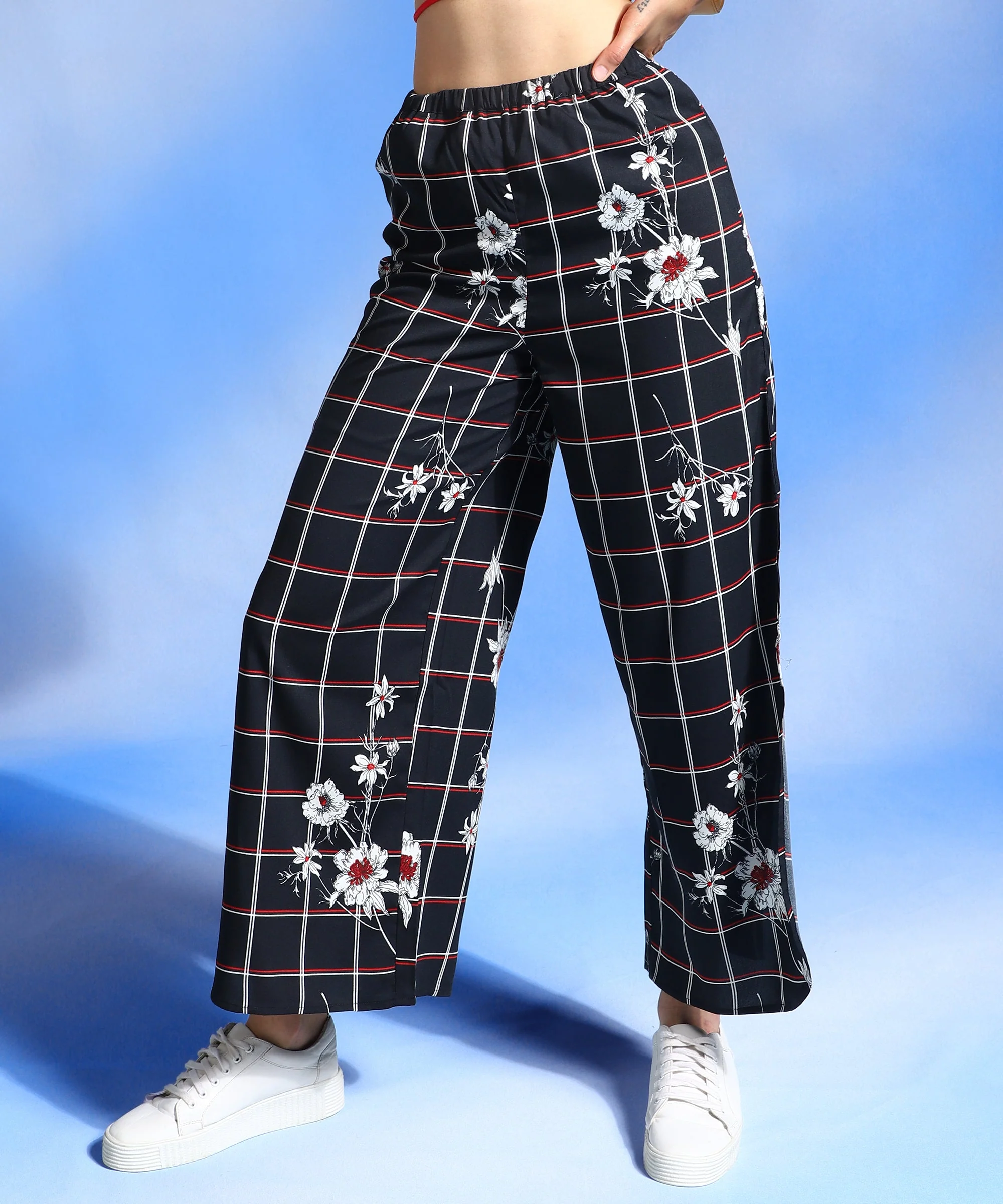 Women Black & White Flared Trousers
