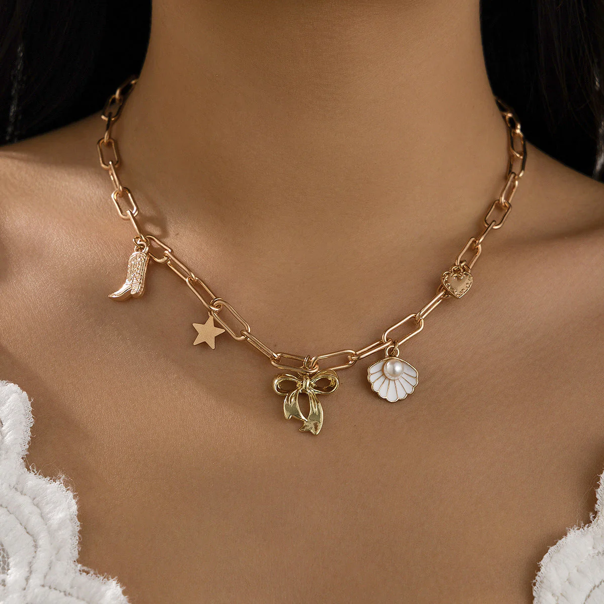 Ribbon Bow Sea Shell Star Heart Shoe Gold Necklace