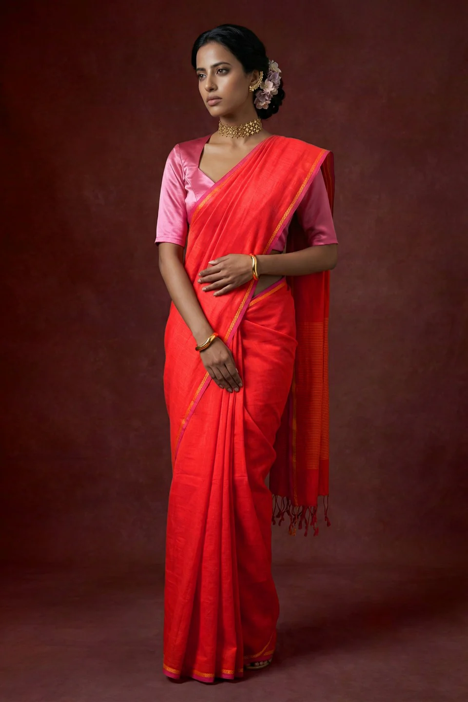 Ridhima Orange Handwoven Cotton Saree - Image 3