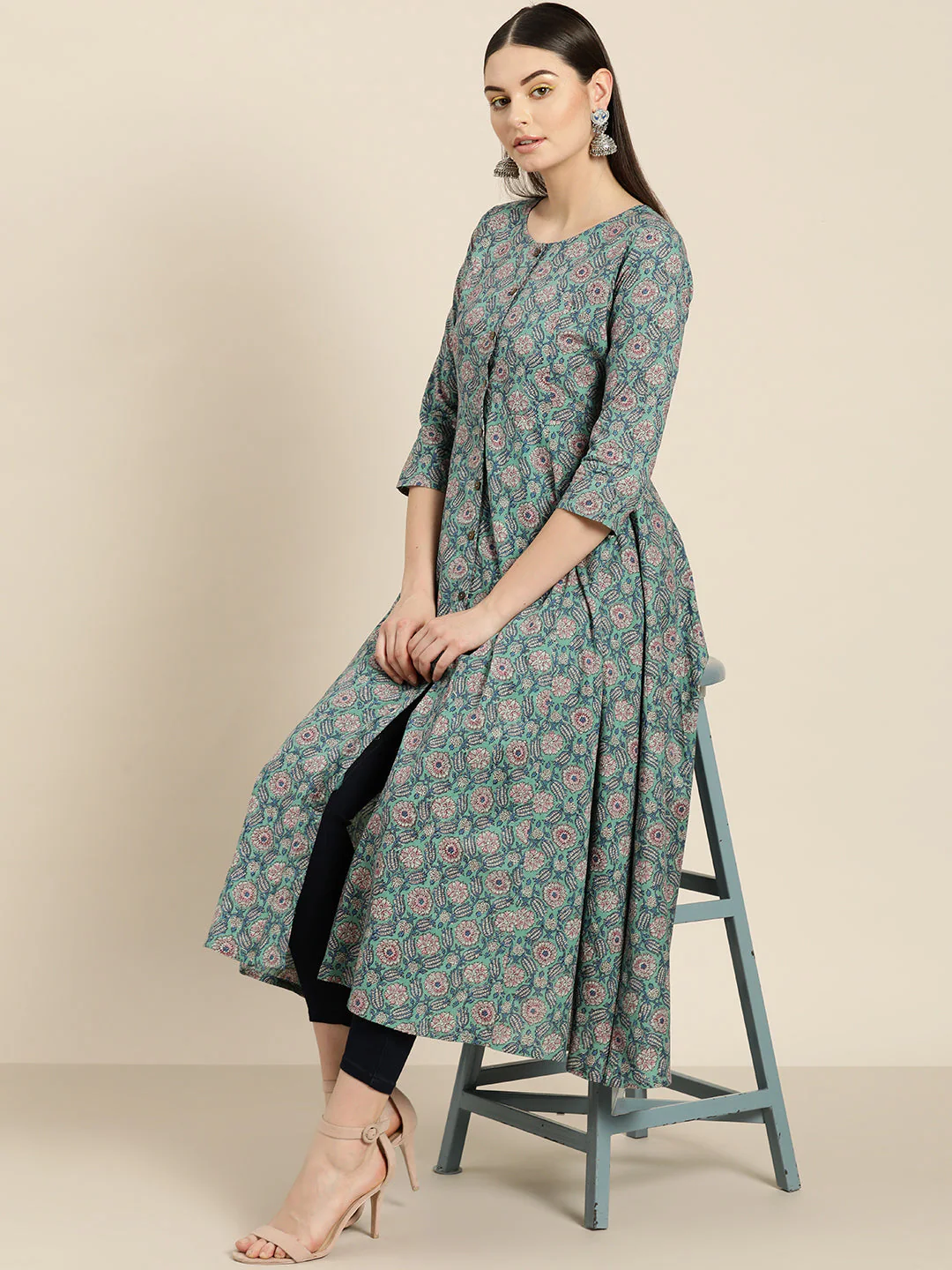 Sea Green Floral Front Open Anarkali Kurta - Image 7