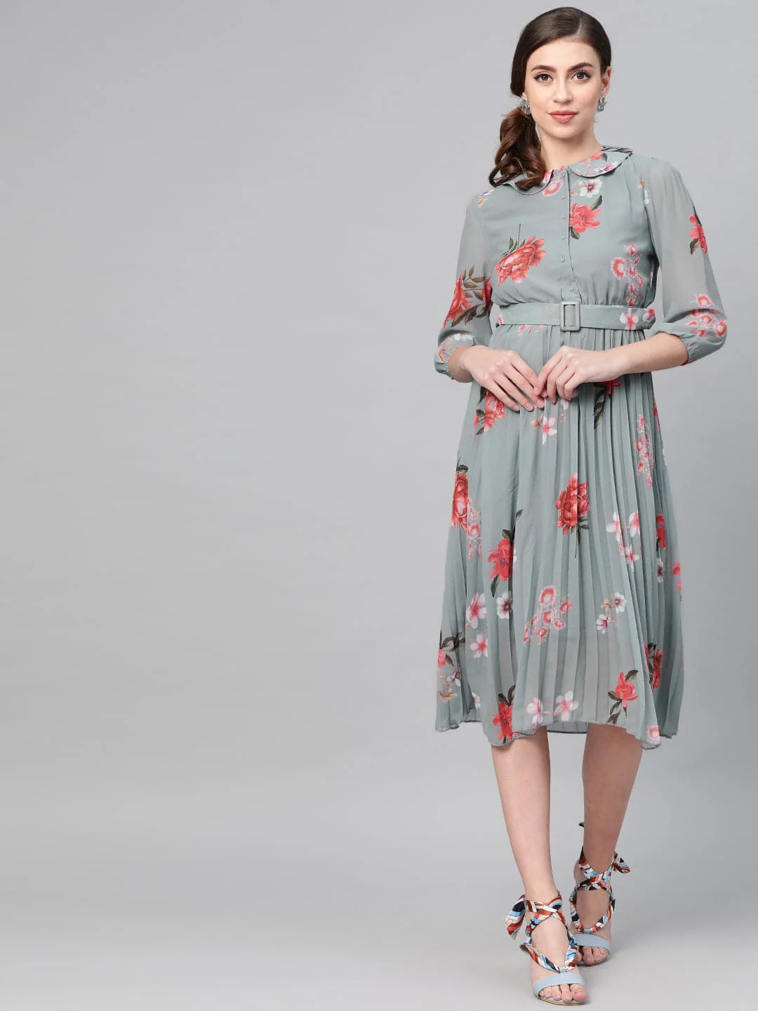 Women Steel Blue Floral Peterpan Collar Pleated Dress
