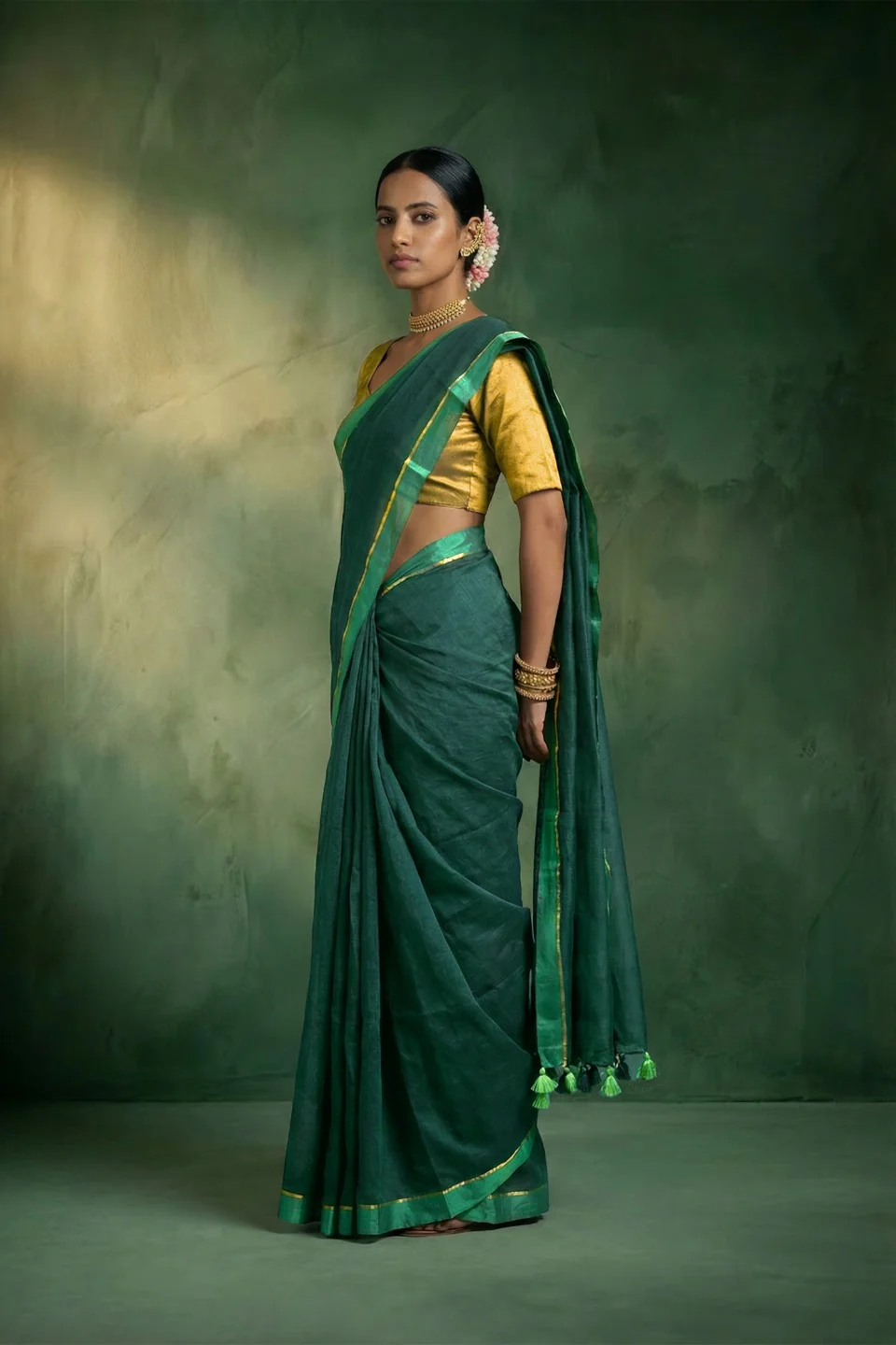Tanuka Bottle Green Handwoven Cotton Saree