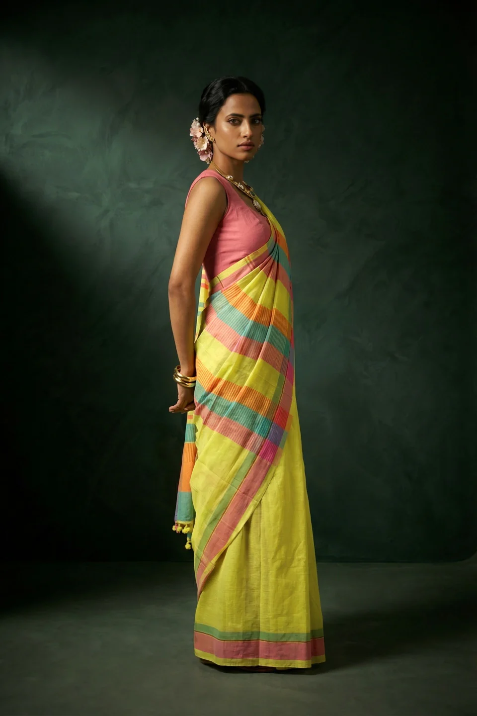 Veenaya Lemon Yellow Handwoven Cotton Saree - Image 2
