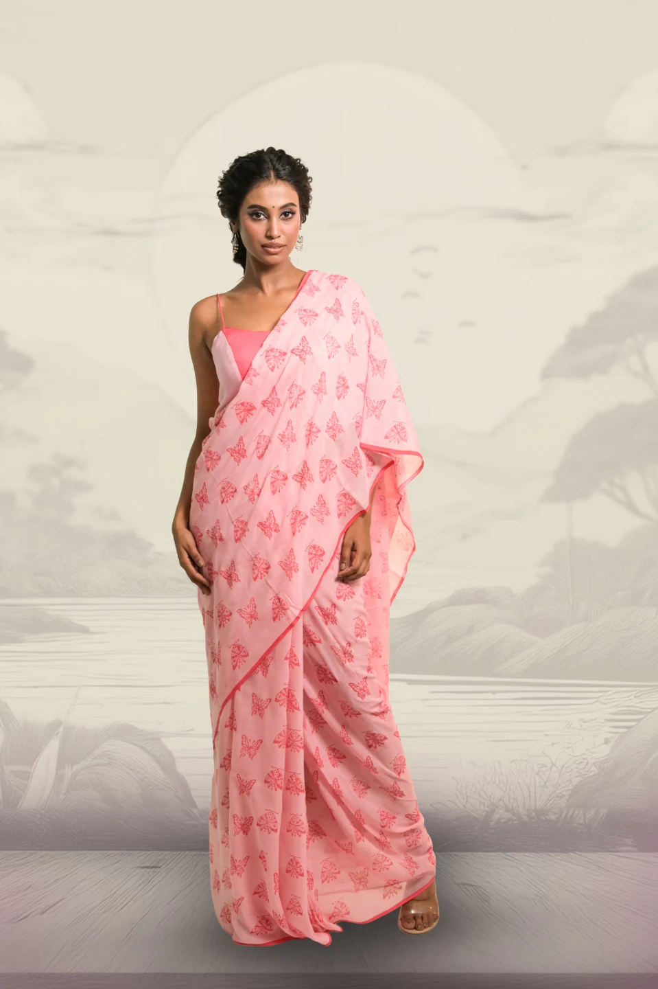 Winx Club Baby Pink Handloom Mul Cotton Saree with Handblock-Printed Butterfly Motifs