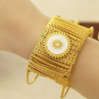 Wire Styled White Sun Inlaid Cuff Gold Bracelet