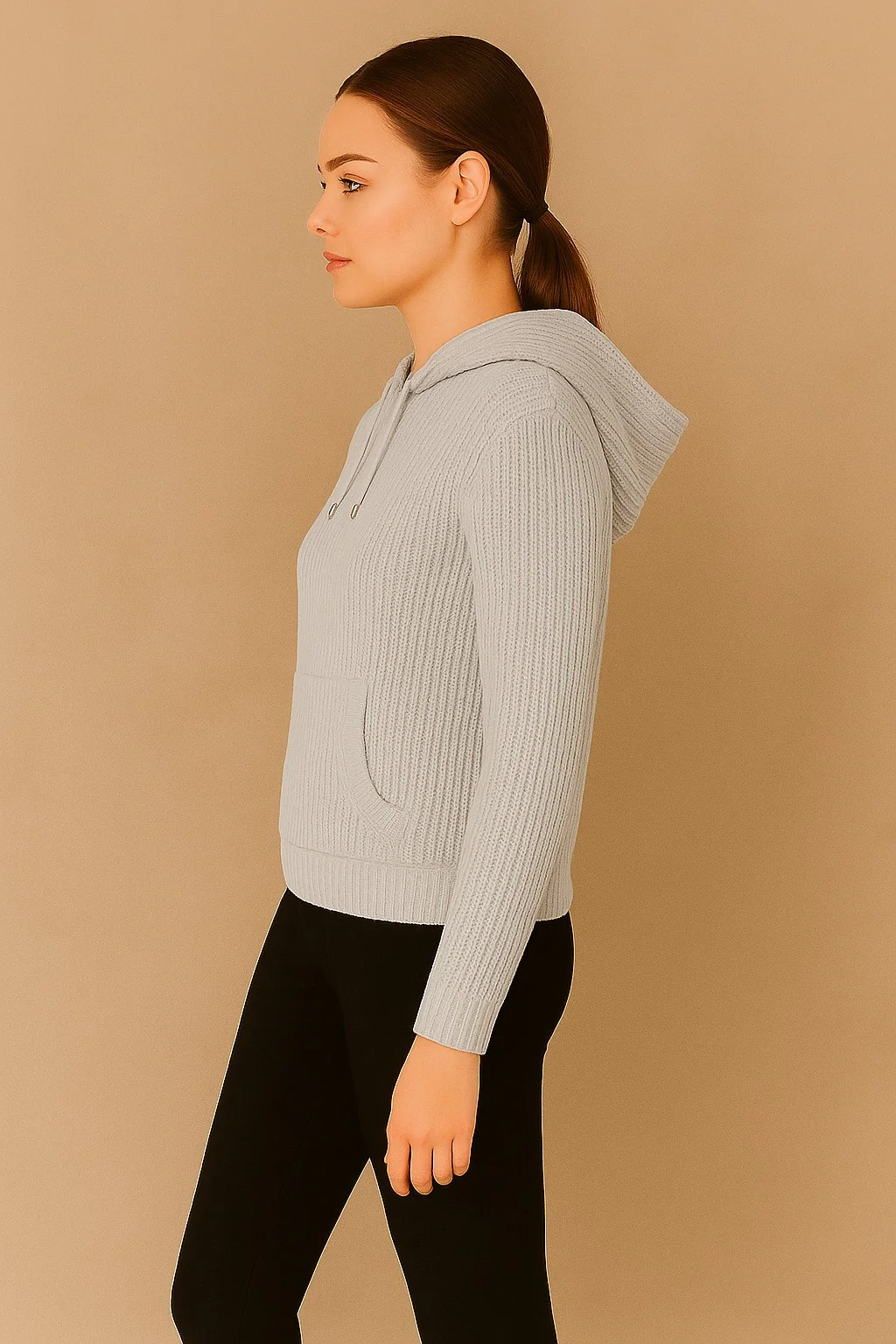 Women Acrylic Full Sleeve Grey Knitted Hoodie Sweatshirt - Image 3