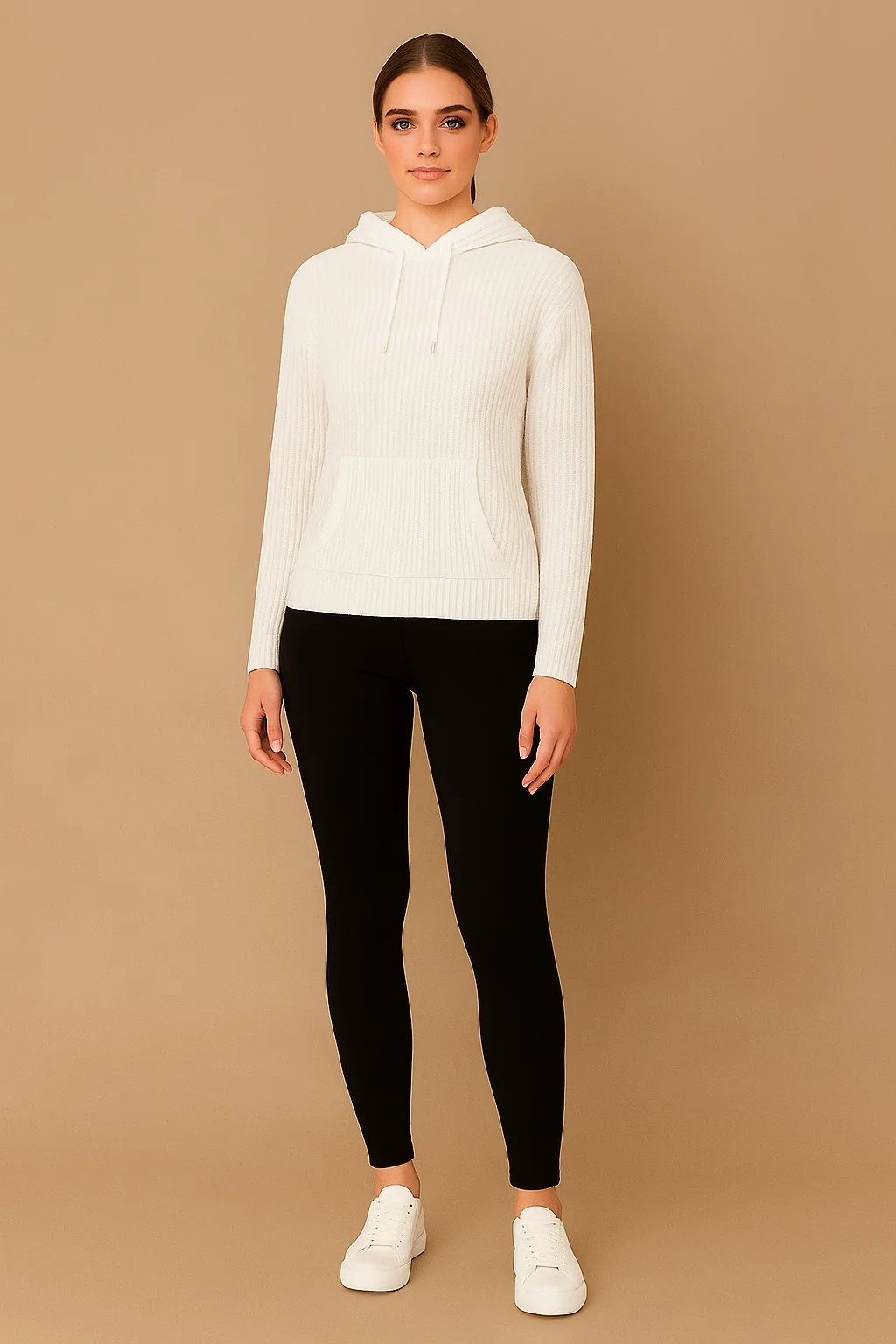 Women Acrylic Full Sleeve White Knitted Hoodie Sweatshirt - Image 2