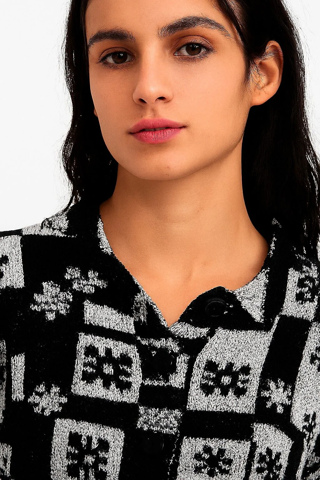 Women Acrylic Full Sleeve with Black Checked Floral Knit Cardigan - Image 5