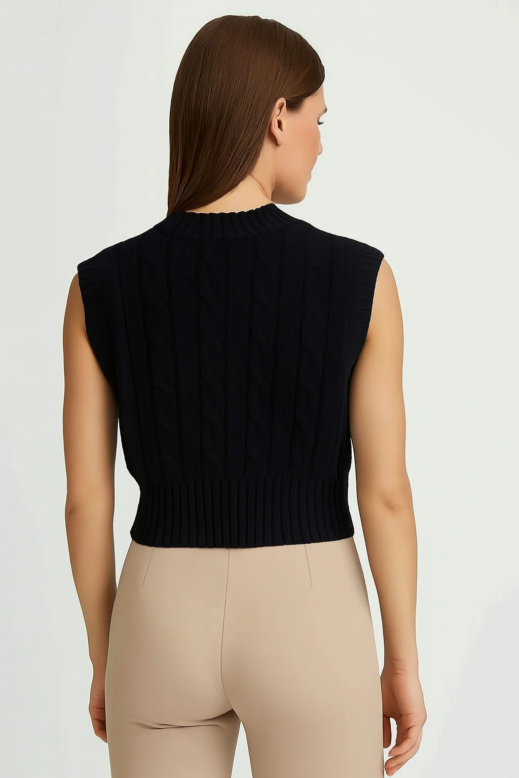 Women Acrylic Sleeveless with V-Neck Cable knit Blue Sweater Vest - Image 4