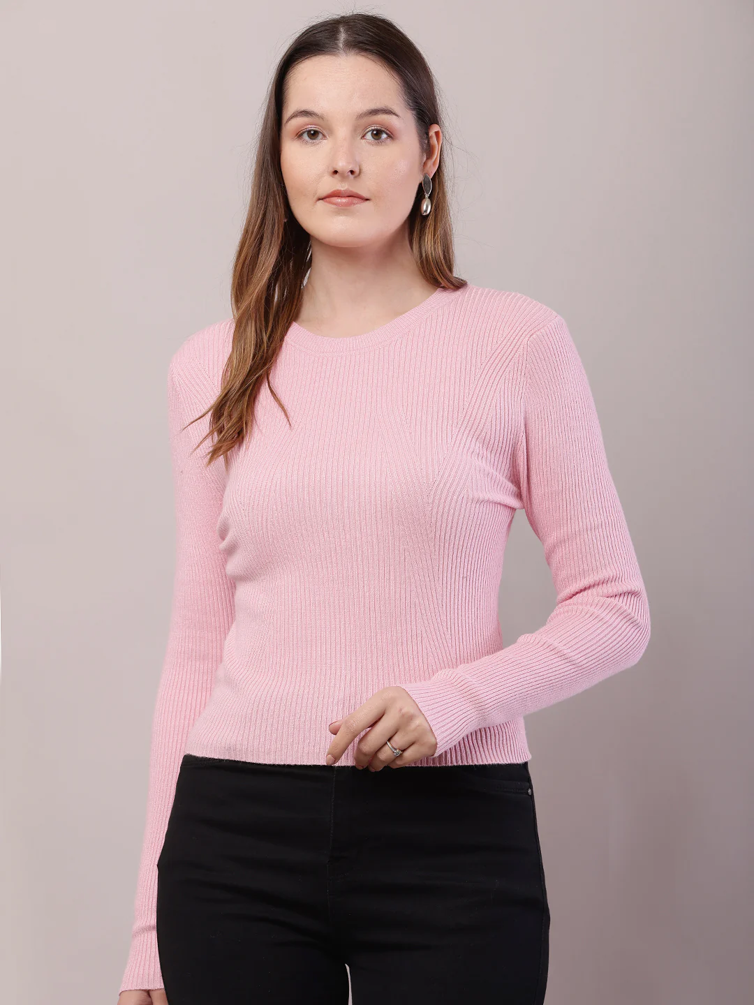 Women Baby Pink Viscose Full Sleeve Sweater