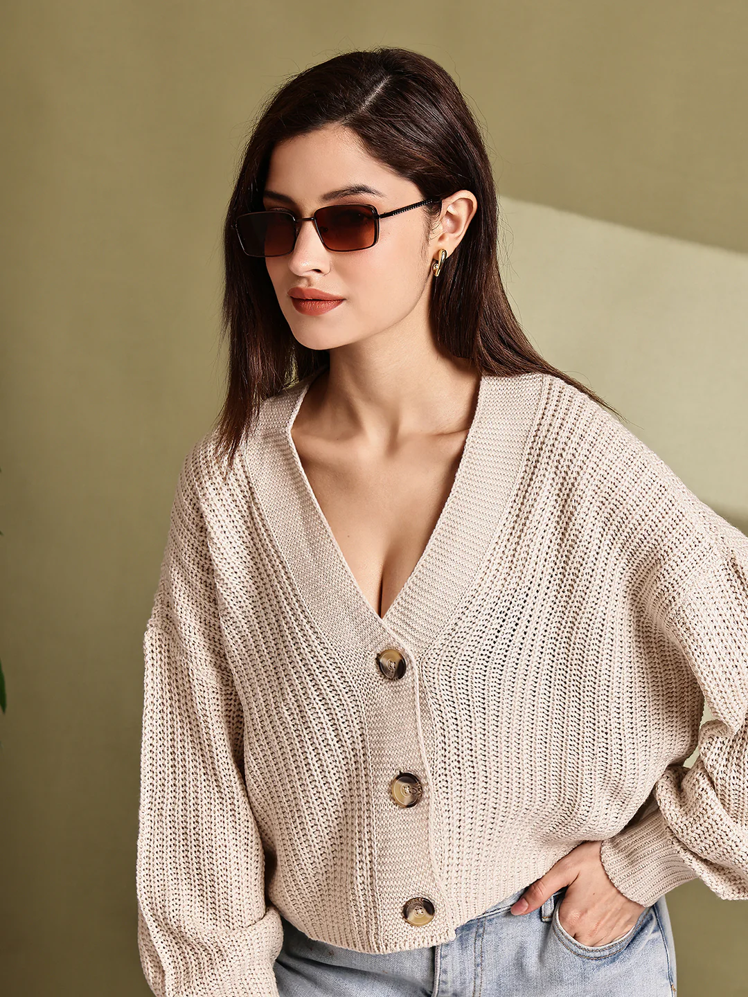 Women Beige Acrylic Cardigan - Image 5