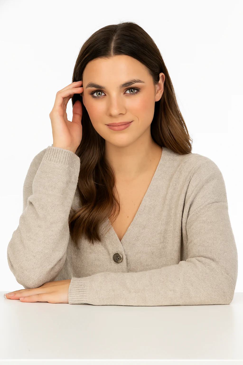 Women Beige Acrylic V-Neck Knitted Cardigan - Image 3