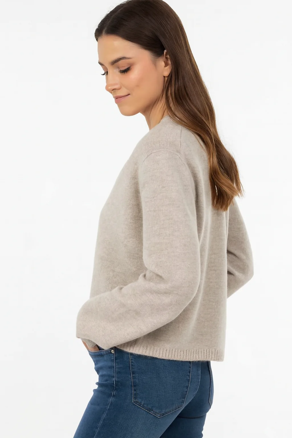 Women Beige Acrylic V-Neck Knitted Cardigan - Image 4