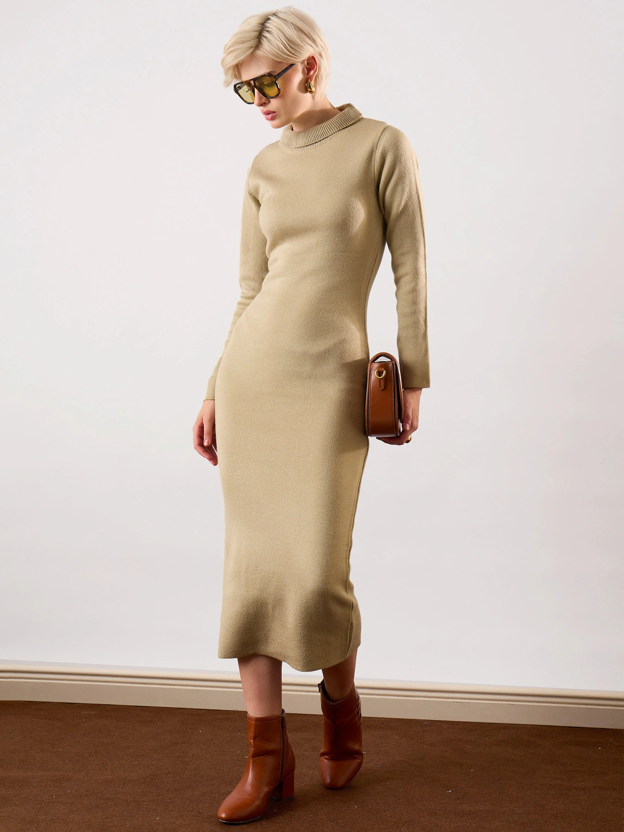 Women Beige Acrylic Wool High Neck Midi Dress