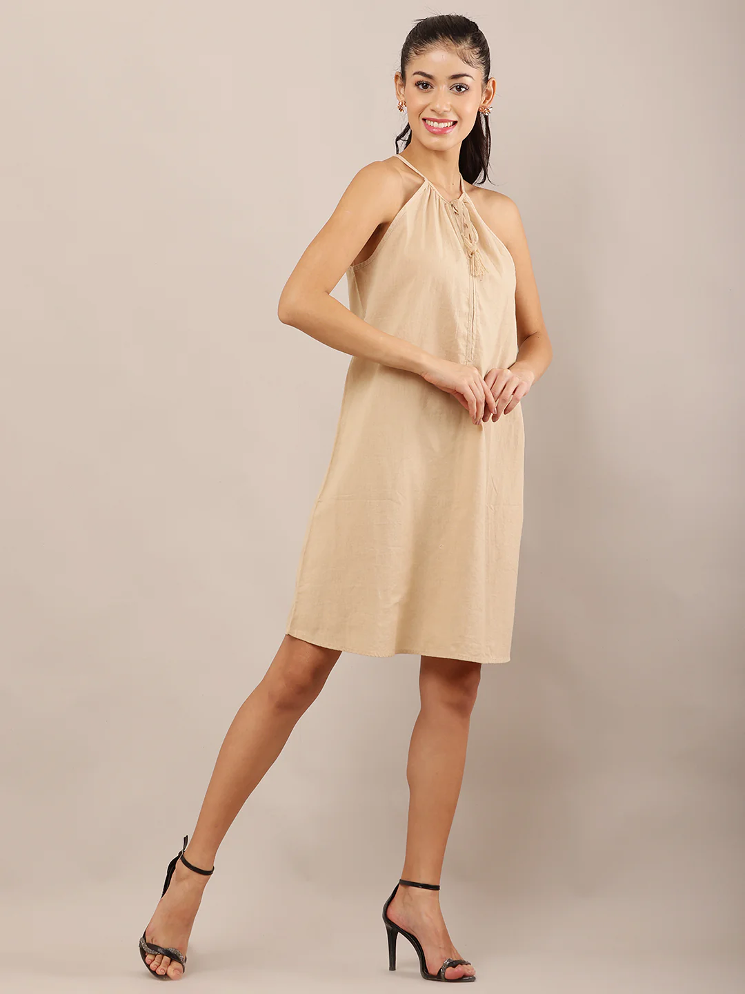 Women Beige Halter Neck Cotton A-Line Dress - Image 2