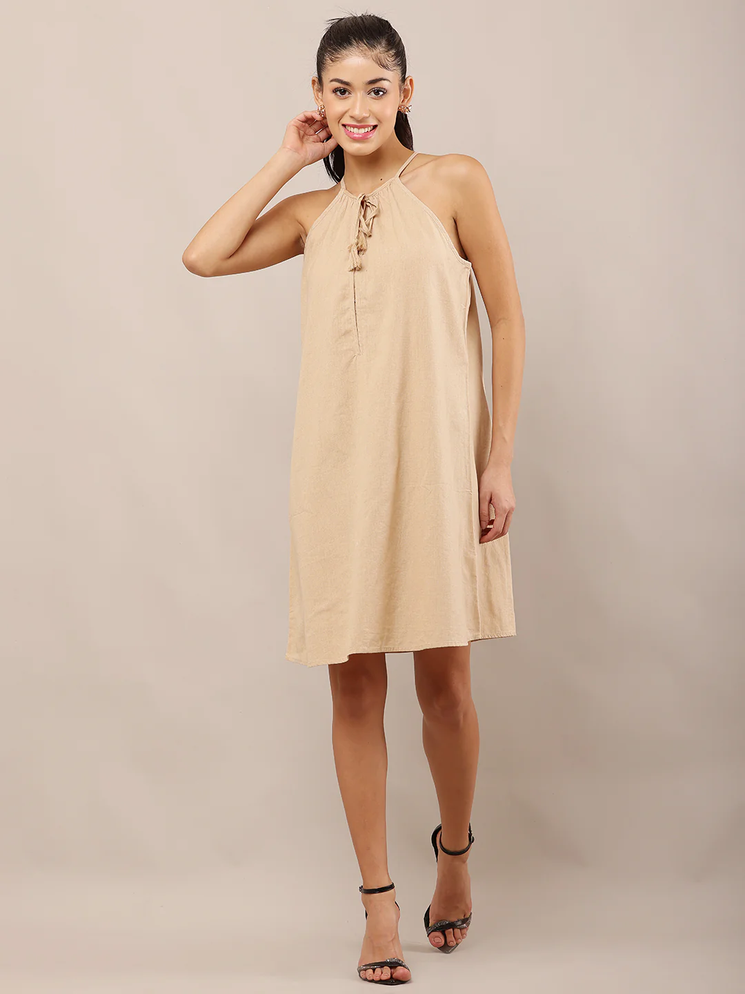 Women Beige Halter Neck Cotton A-Line Dress - Image 3
