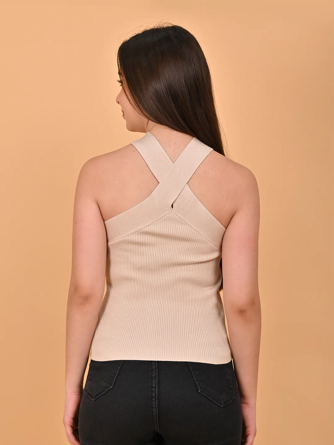 Women Beige Halter Neck Crop Top - Image 4