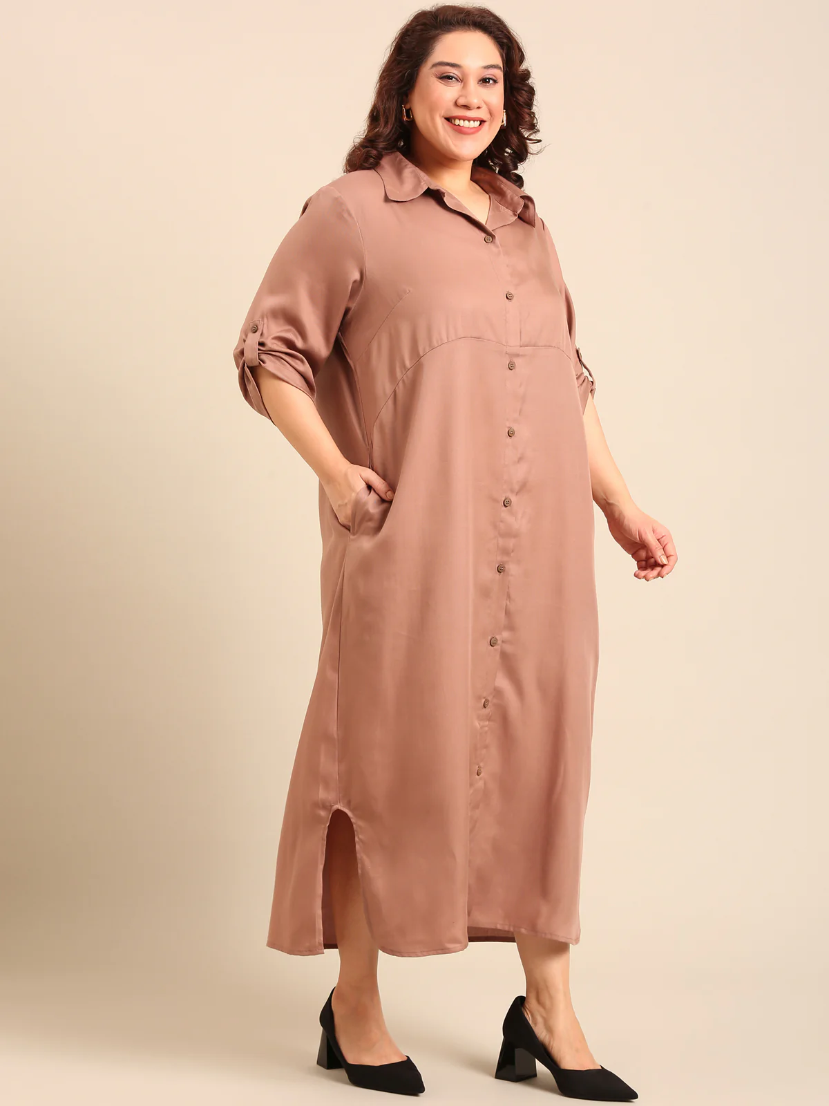 Women Beige Linen Shirt Dress - Image 3