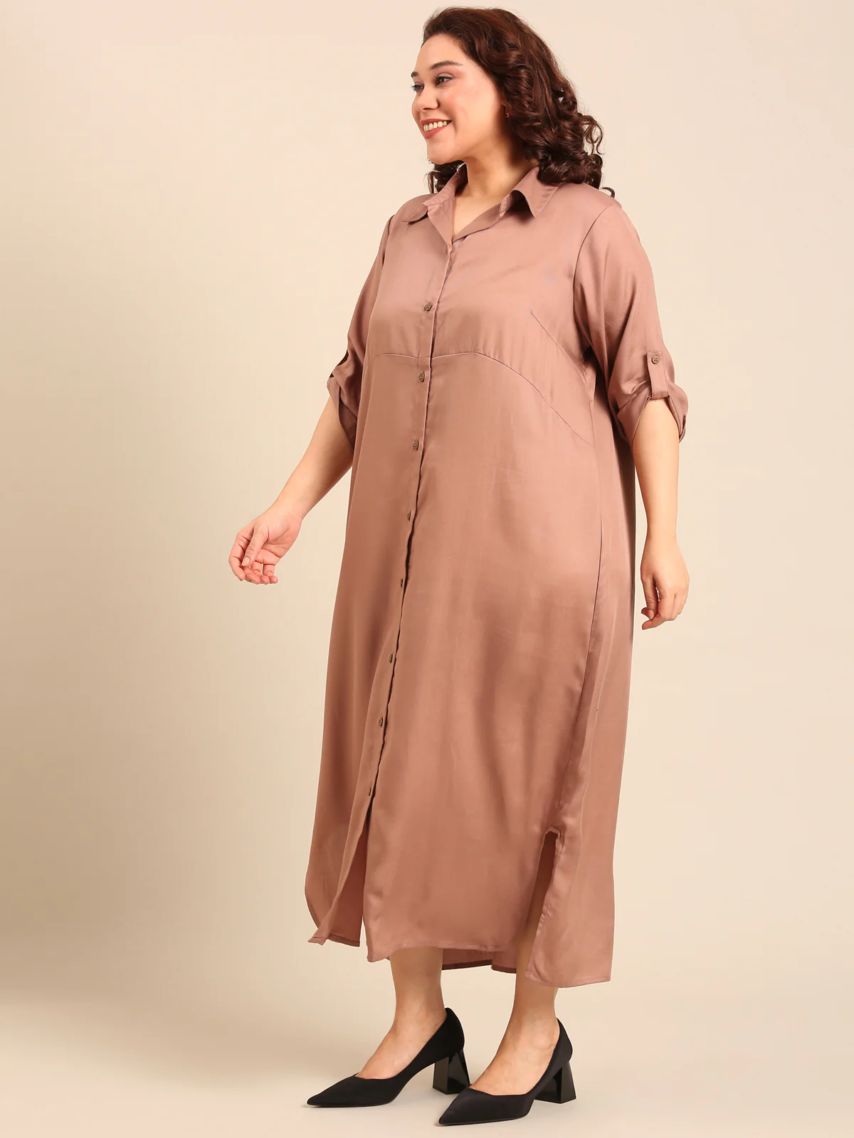 Women Beige Linen Shirt Dress - Image 5
